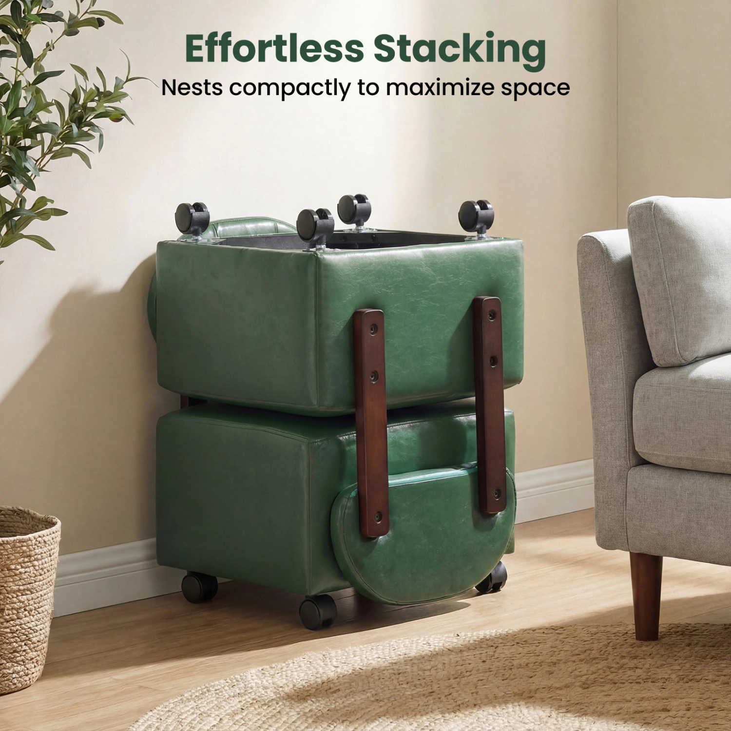 Glintex 2-Piece Rolling Footstool Set with Backrests and Lockable Wheels, Green