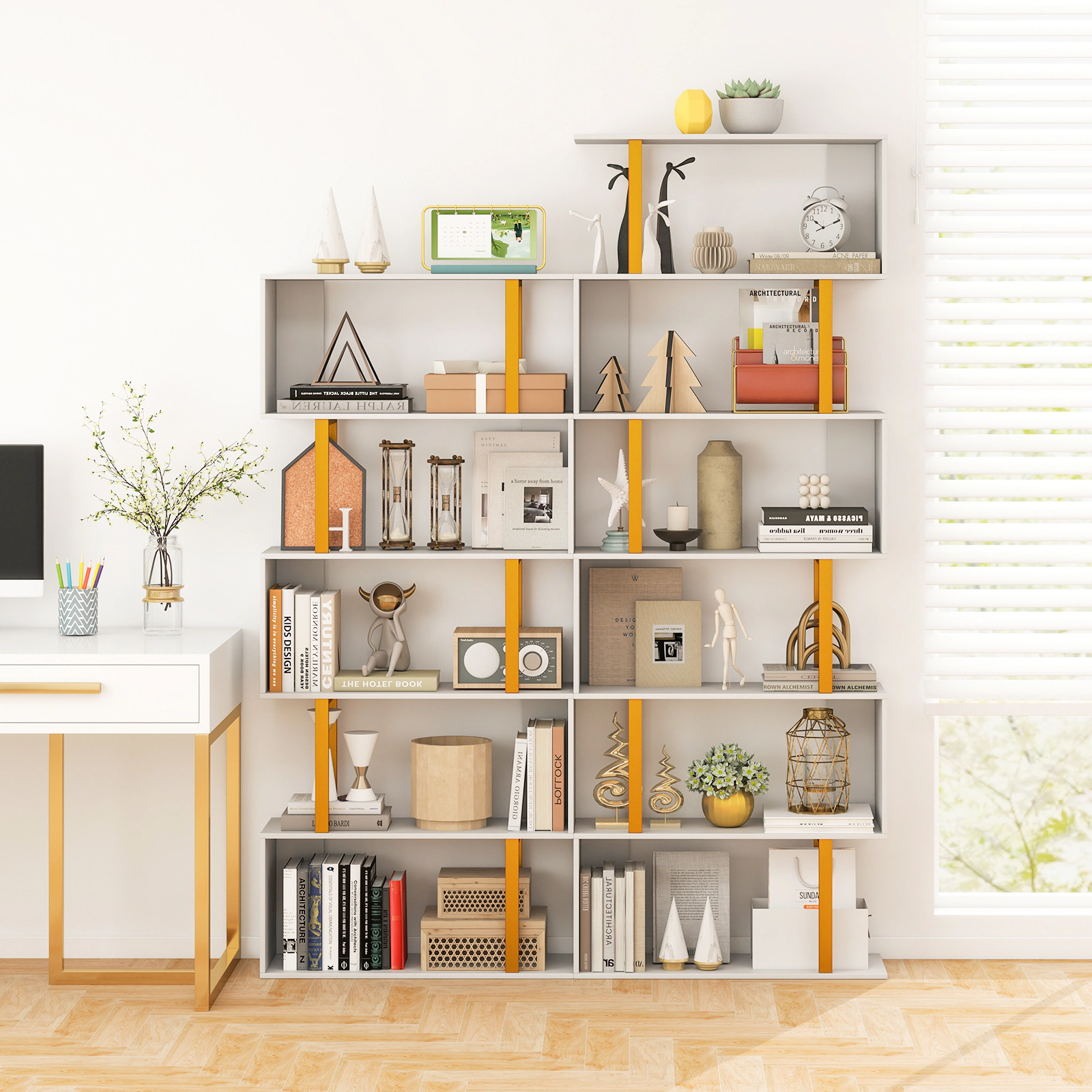 SUGIFT White and Gold Metal Frame and Anti-Tipping Kit Geometric Bookcase