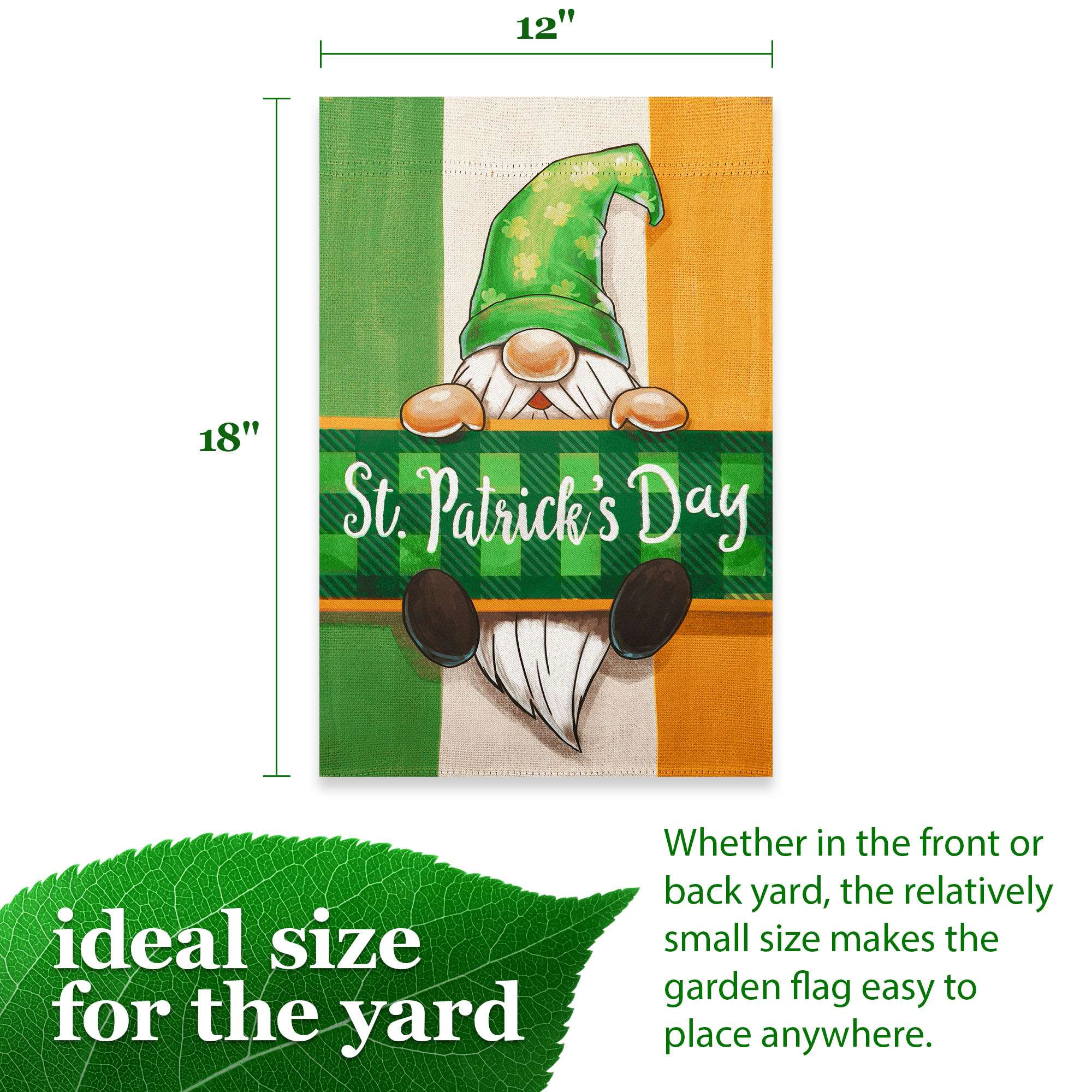 G128 St. Patrick's Day Gnome Garden Flag 12x18 in - Double-Sided Outdoor Lawn Decoration