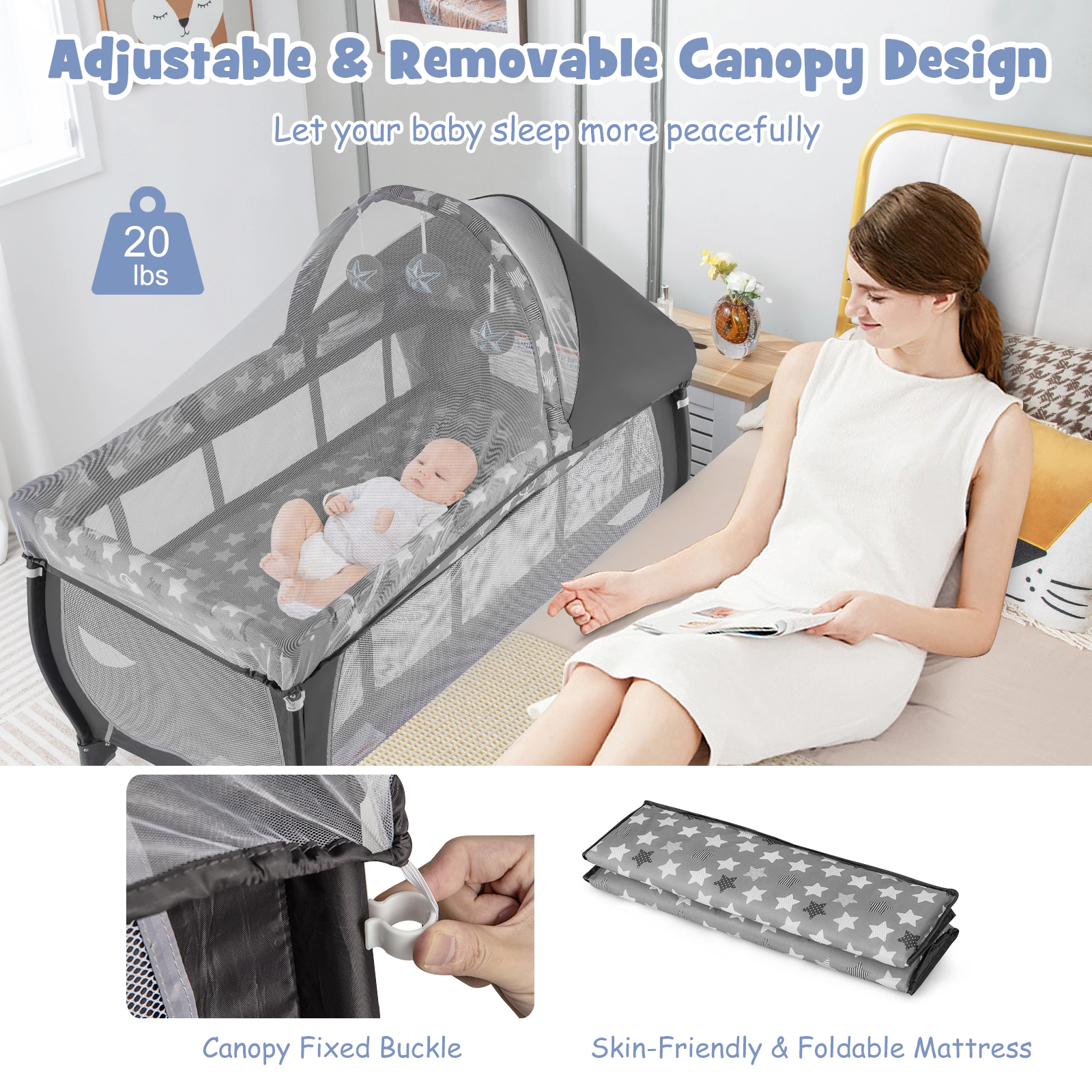 SUGIFT 4-in-1 Portable Baby Playard Playpen with Changing Table Bassinet Canopy Net and Music Box