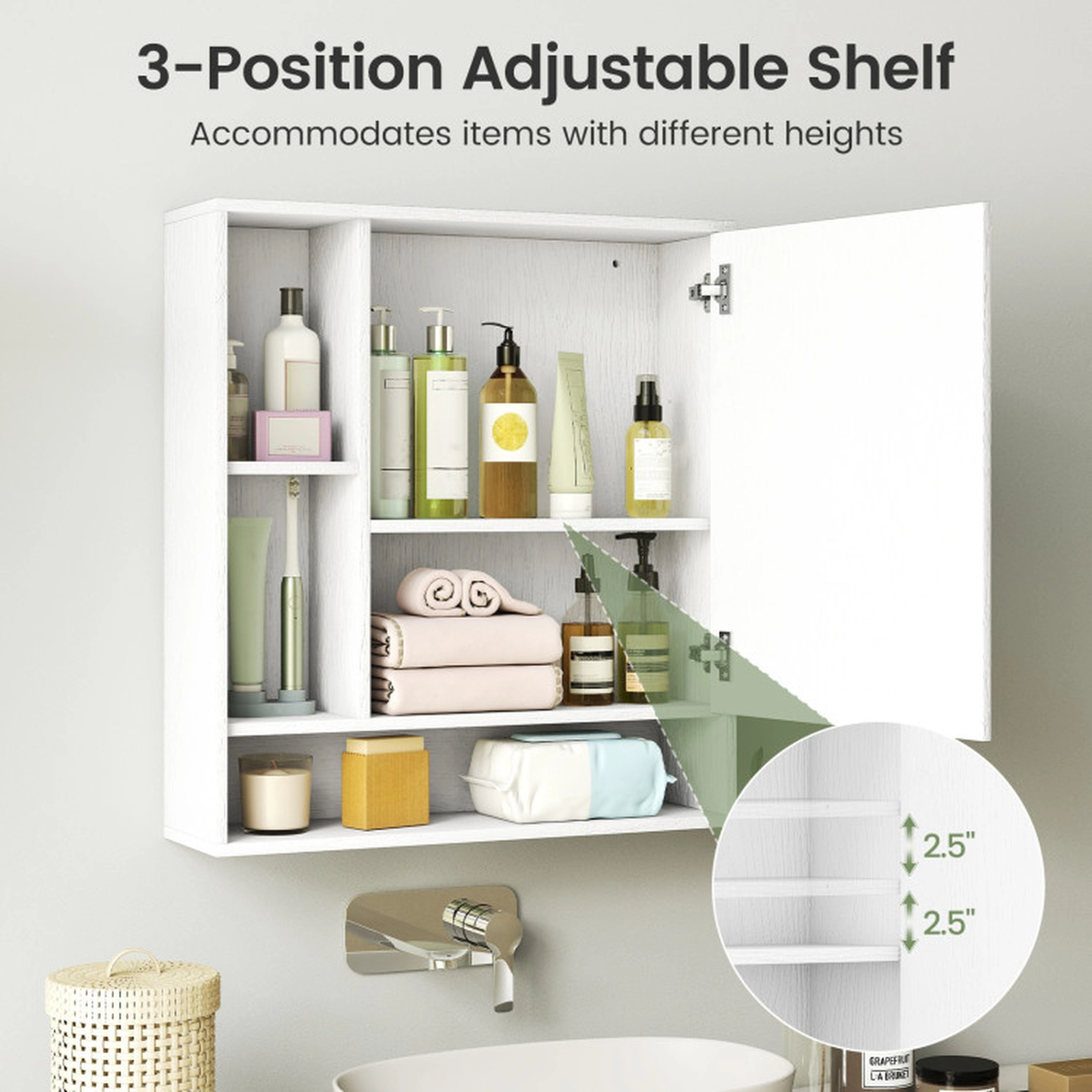 SUGIFT Wall Mounted Bathroom Cabinet with Mirror Single Door 21.5-in Frame 176-lb Capacity Wall Storage 1-Piece White
