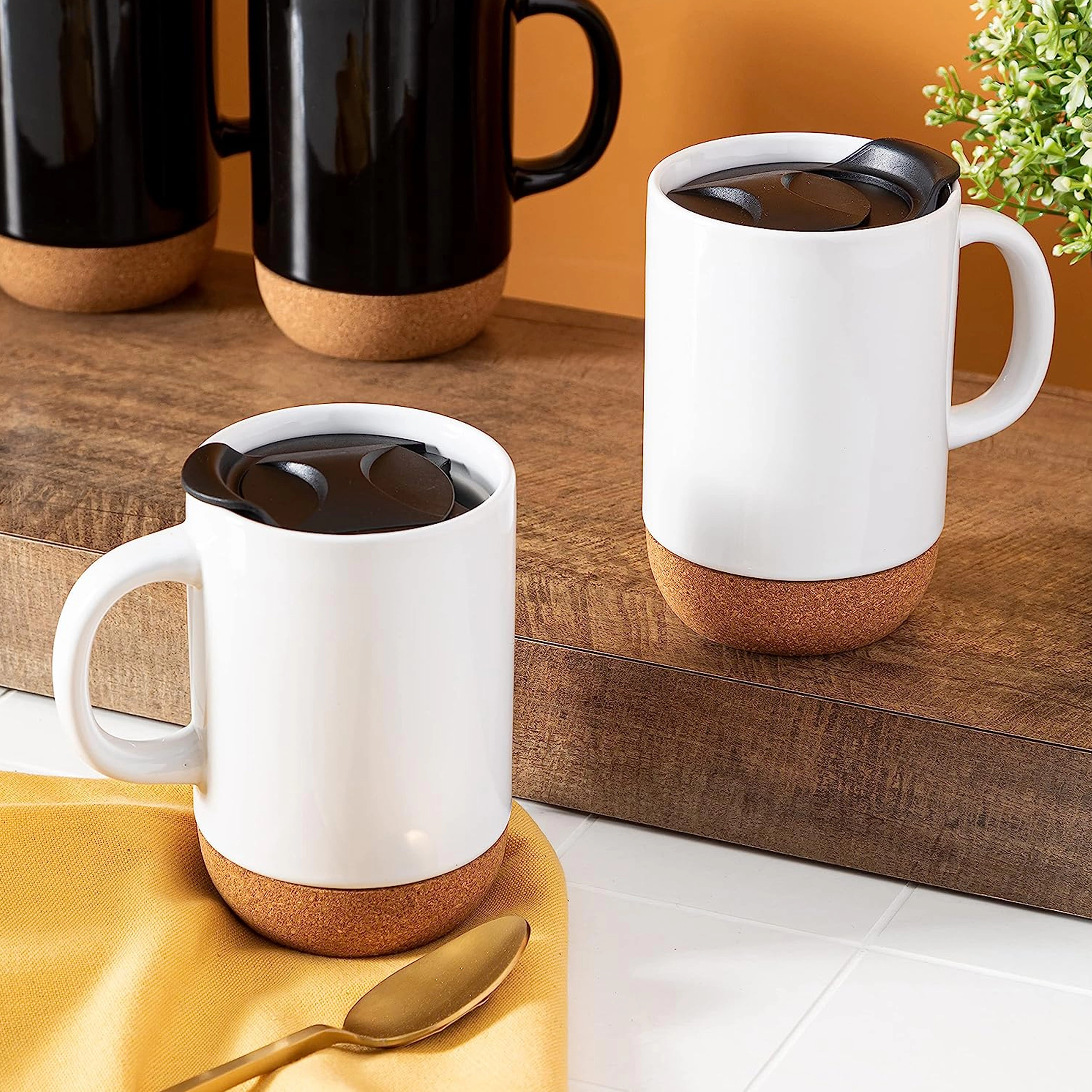 Gibson Home Modani 4 Piece 16.5 Ounce Stoneware Travel Mug Set with Lid and Cork Base