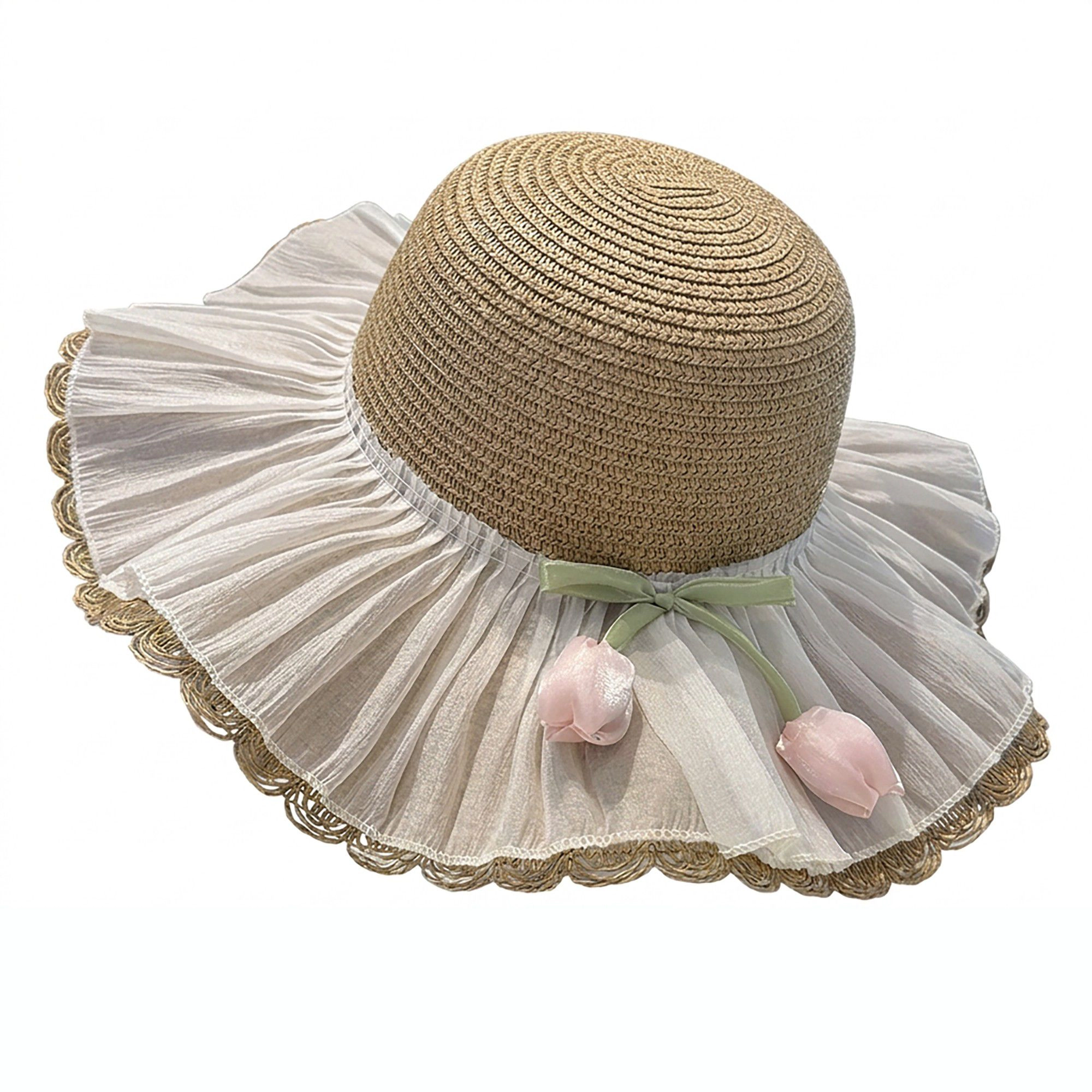 Anna-Kaci Women's Wide Brim Straw Sun Hat with Pleated Sheer Bow Accent and Floral Trim