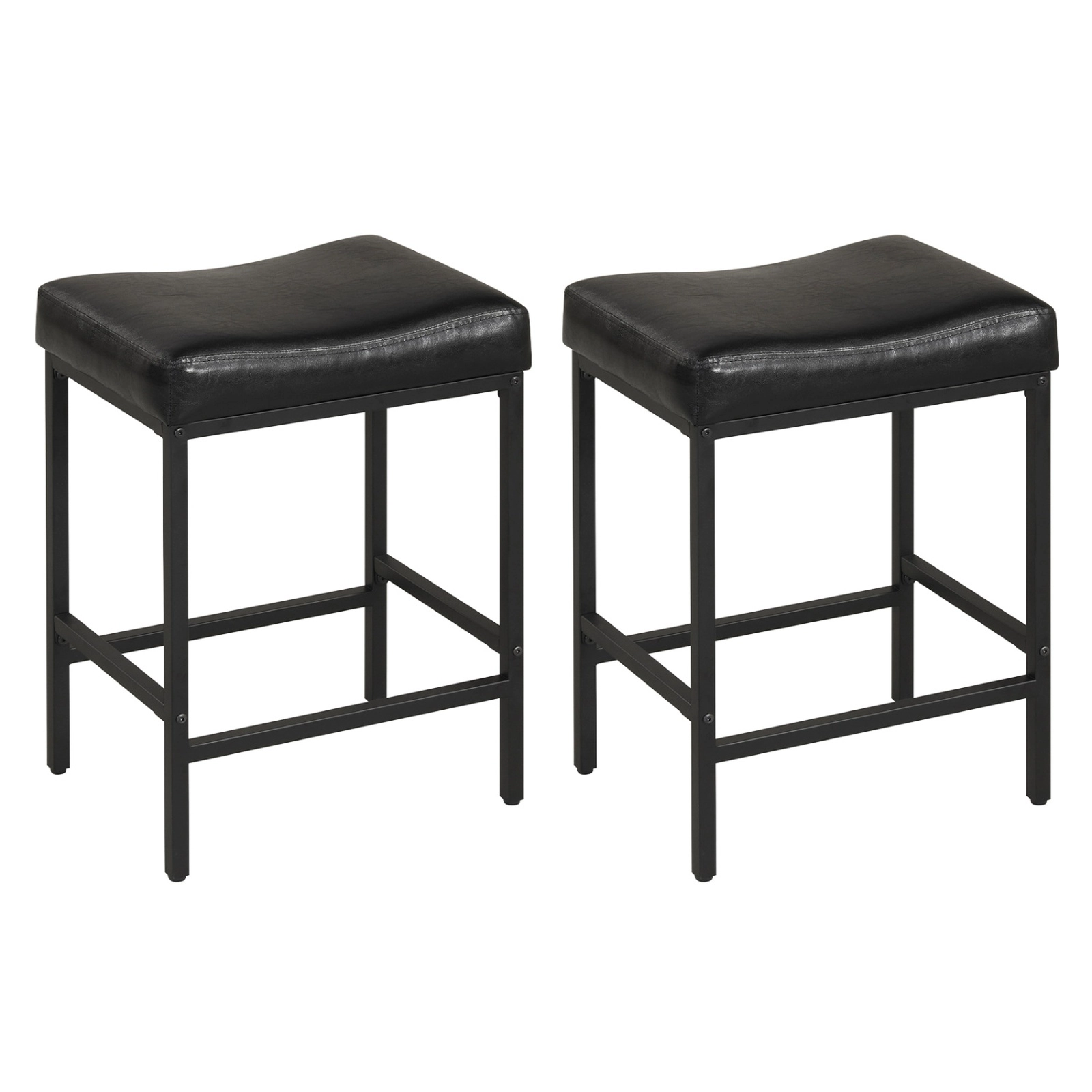 SUGIFT Set of 2 Black Faux Leather Saddle Bar Stools, 25 in Counter Height, 400 lb Capacity