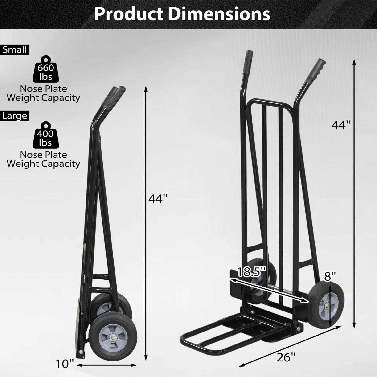 SUGIFT 660-lb Capacity Folding Hand Truck Dolly with Dual Nose Plates and 8-in All-Terrain Wheels