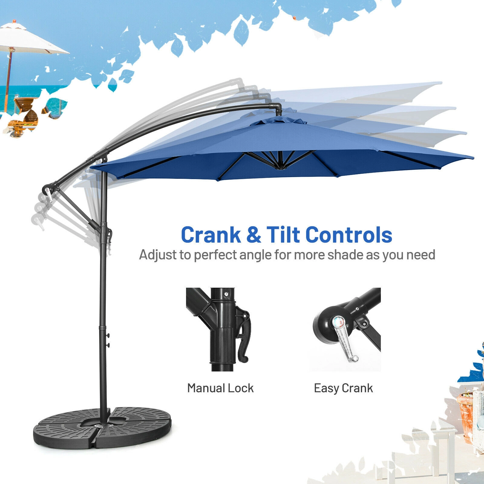 SUGIFT 10-ft Red Offset Cantilever Patio Umbrella with 8 Iron Ribs Crank Lift and Cross Base 8-ft H