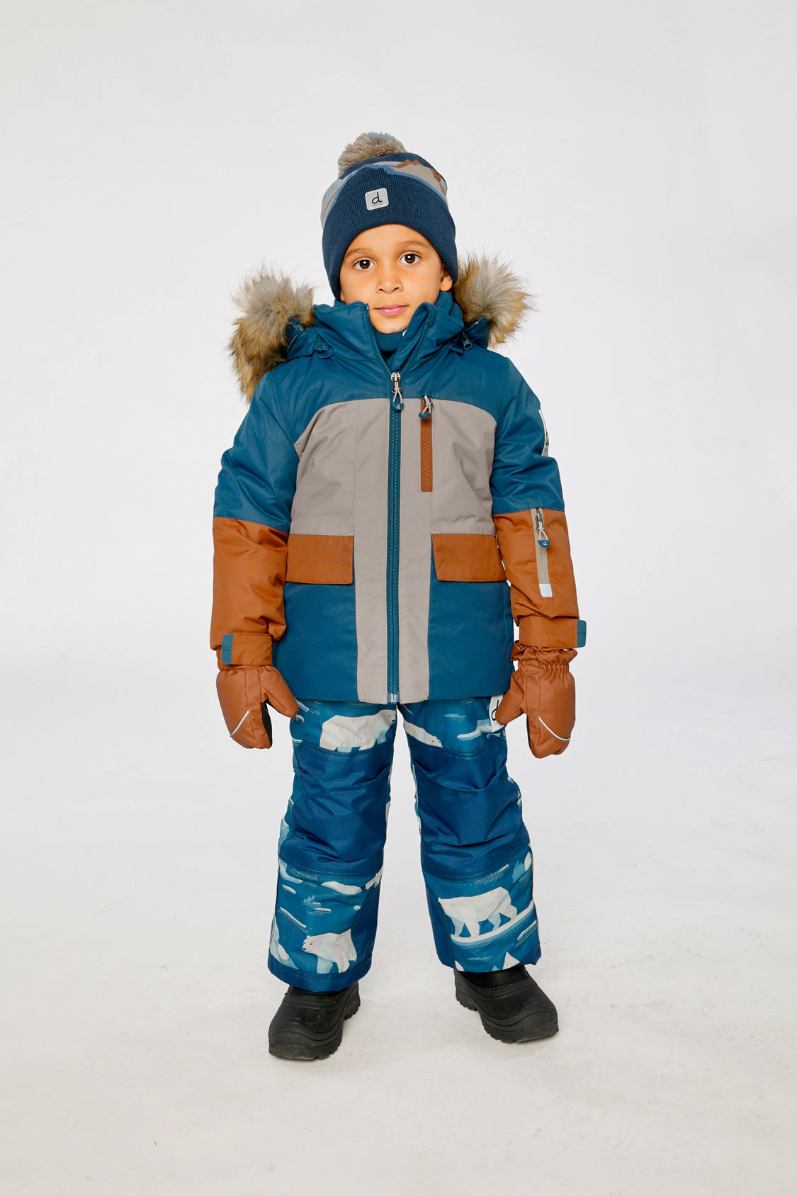 Deux par Boys Colorblock Two Piece Play Snowsuit with Hooded Jacket and Bear Print Snow Pants