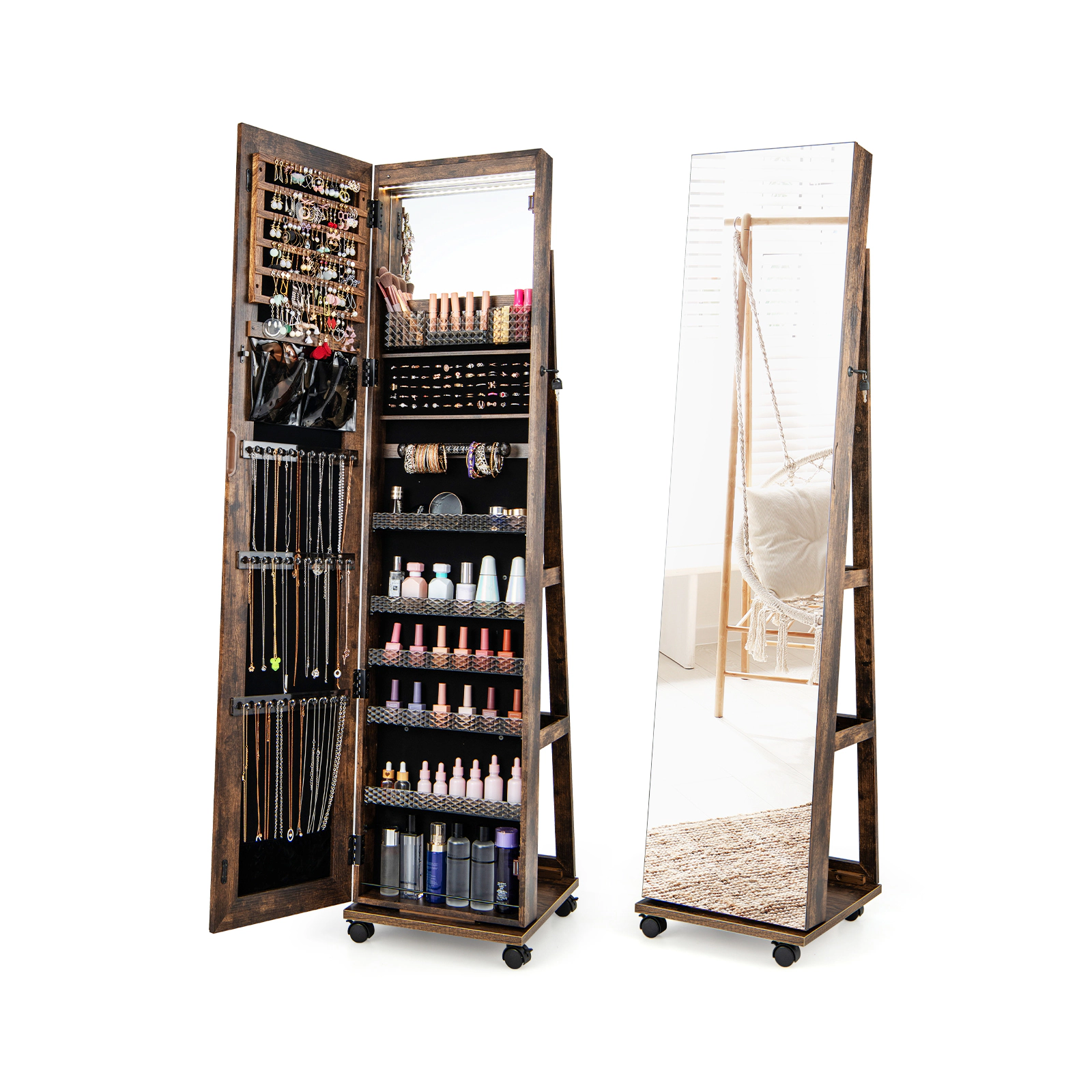 SUGIFT 64-in Lockable Jewelry Cabinet Armoire with Full-Length Mirror and Built-in Makeup Mirror Coffee