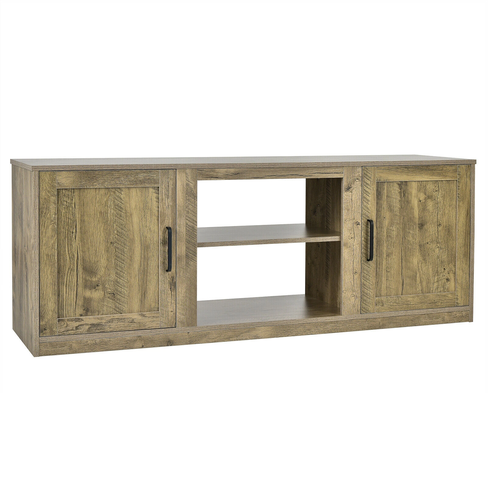SUGIFT 58-in Natural TV Stand for TVs up to 65-in, Double Barn Doors, Fireplace Ready
