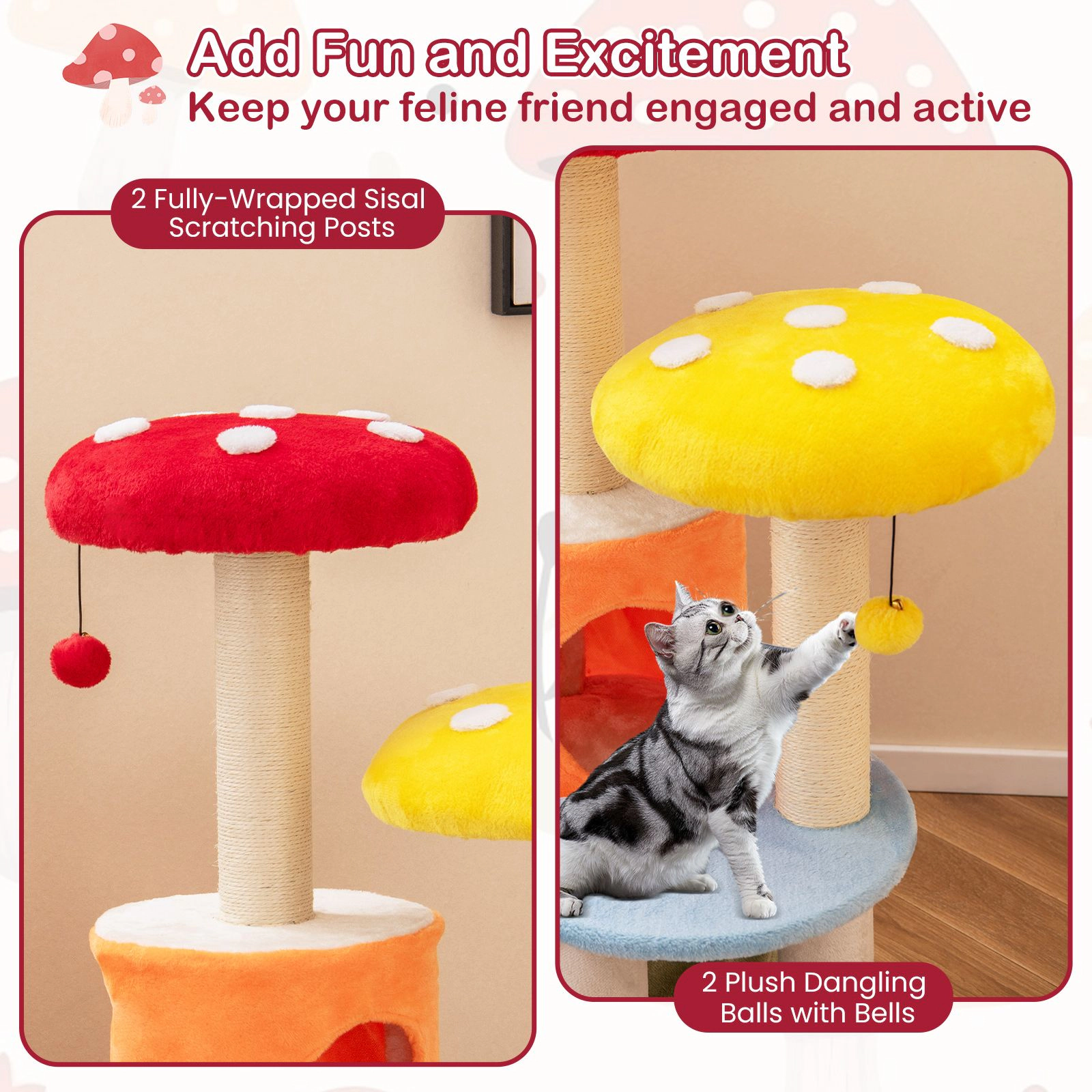 SlickBlue 43" Mushroom Cat Tree with 2 Condos, Perches & Scratcher