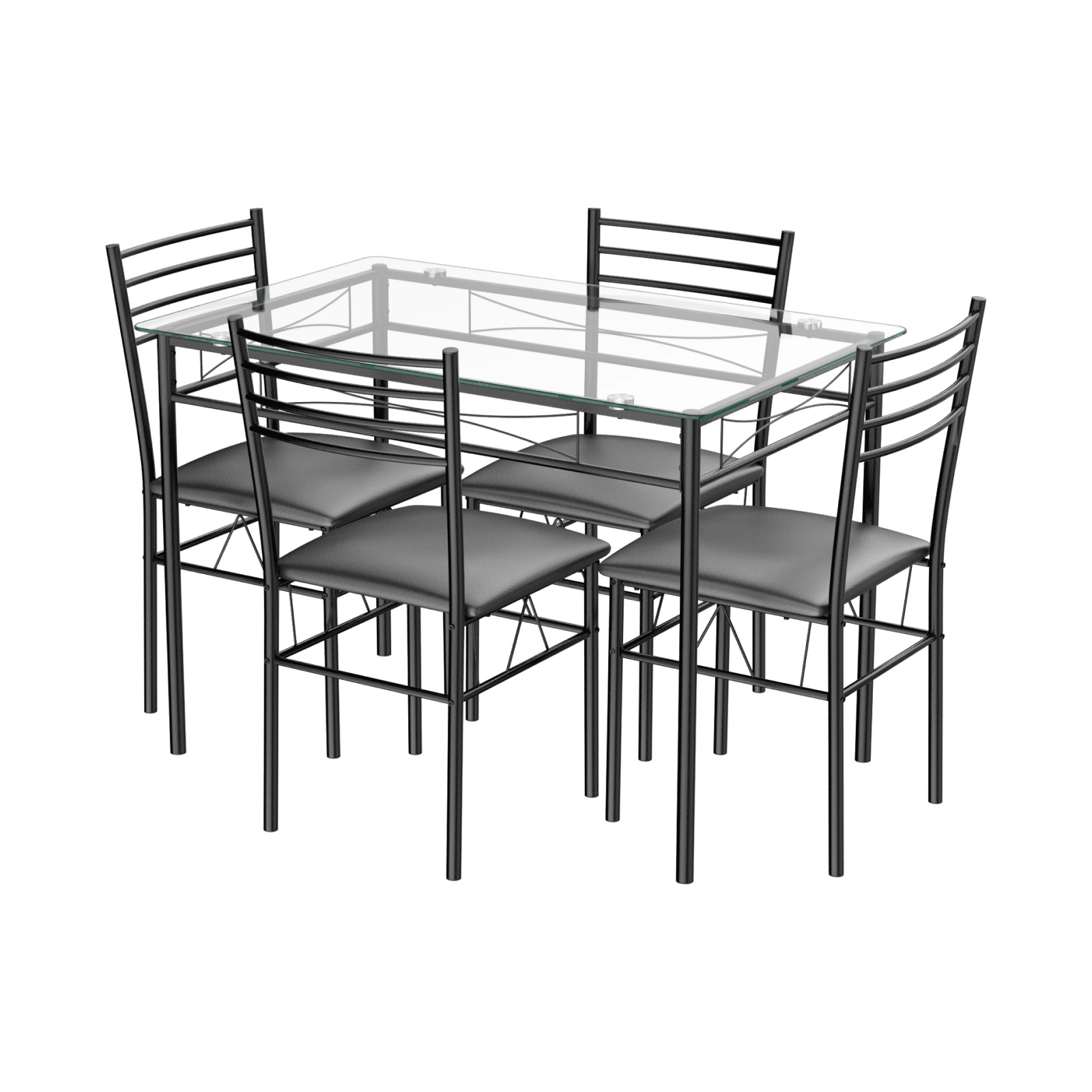 SUGIFT Tempered Glass Top 5-Piece Dining Set with Metal Frame Table 44-lb Capacity and 4 Upholstered Chairs
