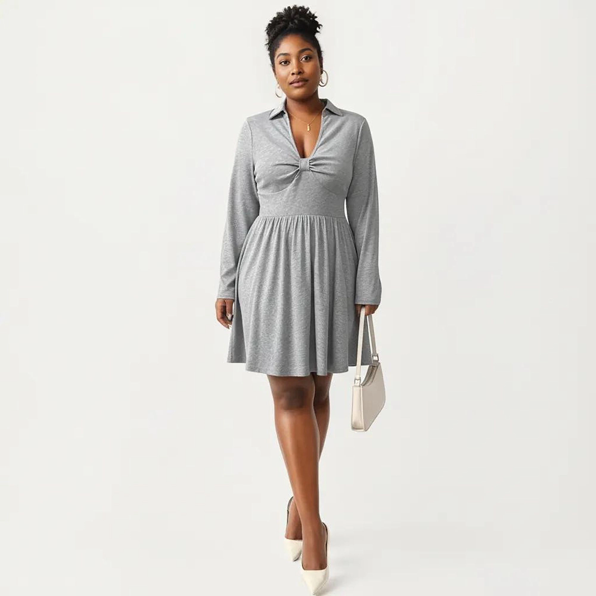 Anna-Kaci Women's Plus Long Sleeve Collared Neck Twist Front Detail Flowy Skirt Knit Dress
