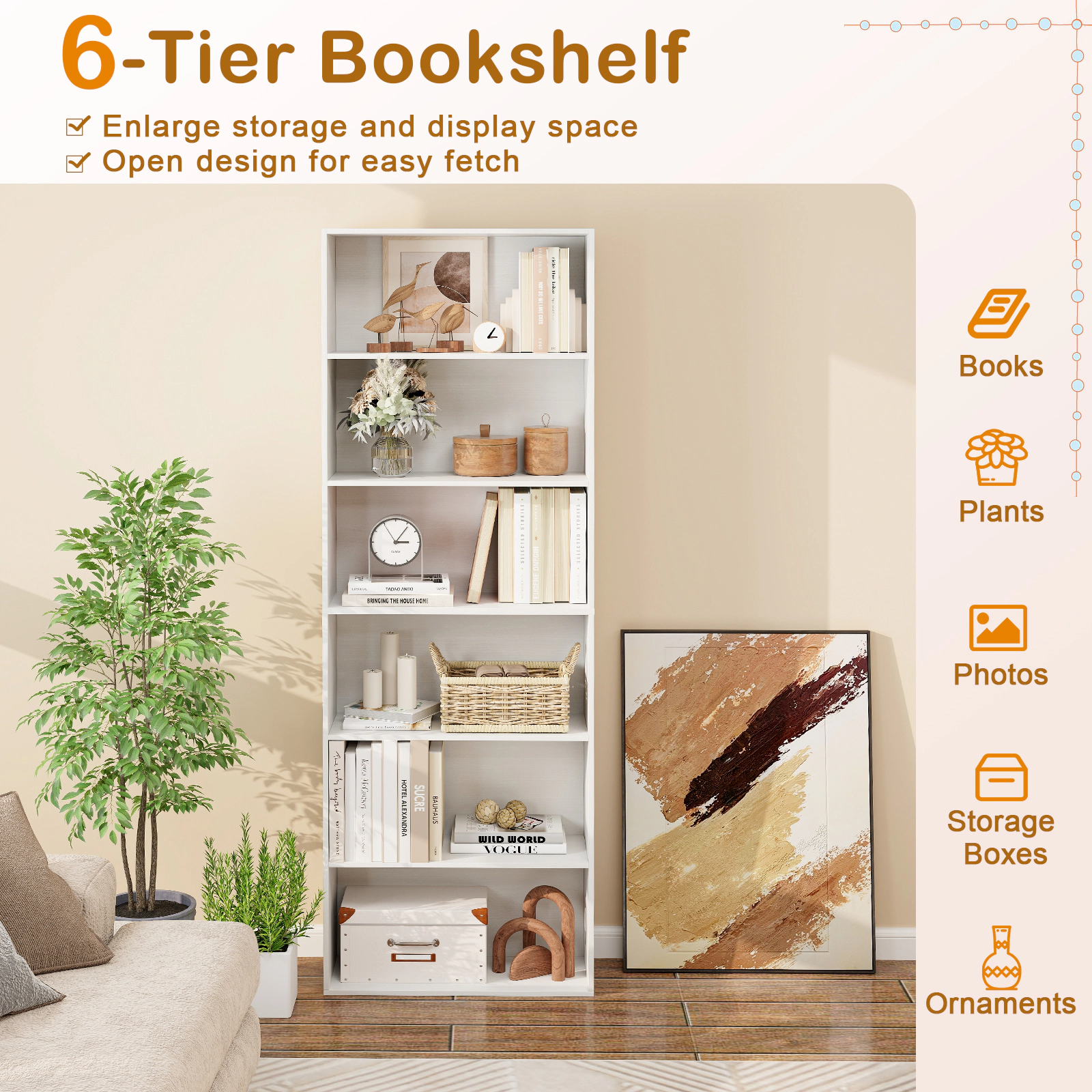SUGIFT 6-Tier MDF Engineered Wood Bookcase 6 Open Shelves 200-lb Total Capacity 70-in Tall With Anti-Toppling Kits White