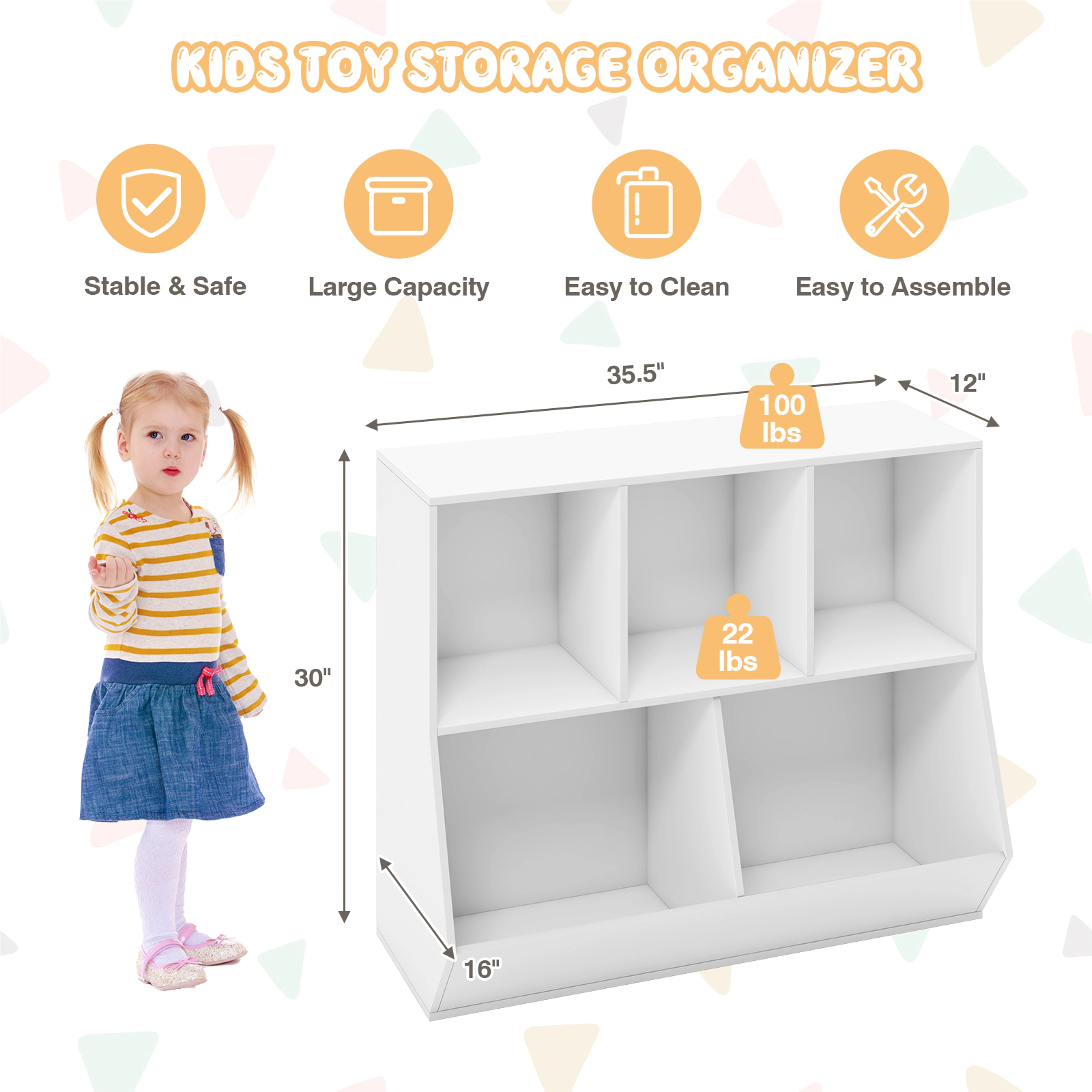 SUGIFT White 5-Cube 110-lb Top Wooden Kids Toy Storage Organizer with Anti-Tipping Kits and 6-in Barriers