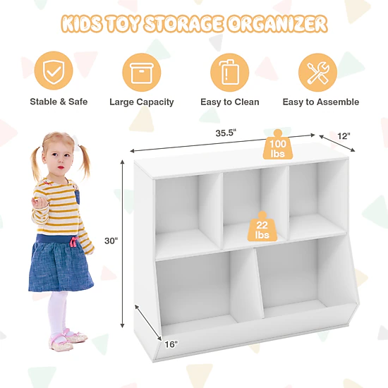 SUGIFT White 5-Cube 110-lb Top Wooden Kids Toy Storage Organizer with Anti-Tipping Kits and 6-in Barriers