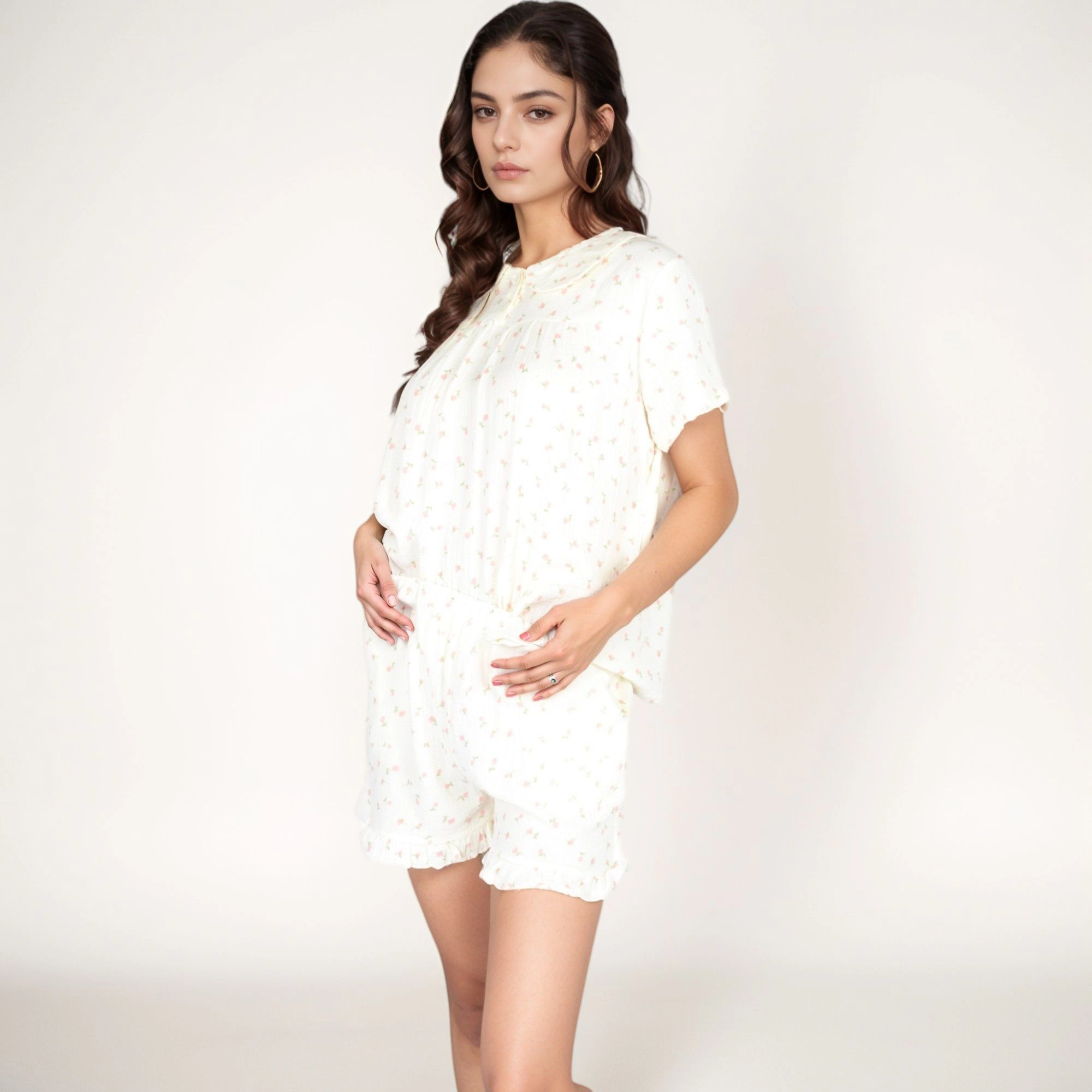 Anna-Kaci Women's Ditsy Floral Pajama Lounge Set with Ruffle Hem Shorts and Pintuck Top