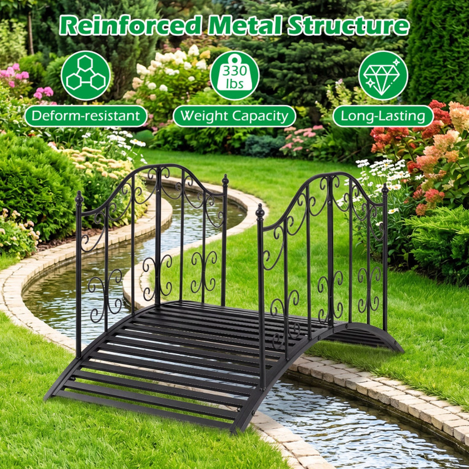 SUGIFT 3.9-ft 330-lb Capacity Black Arched Metal Garden Bridge with Dual Patterned Scrollwork Side Rails