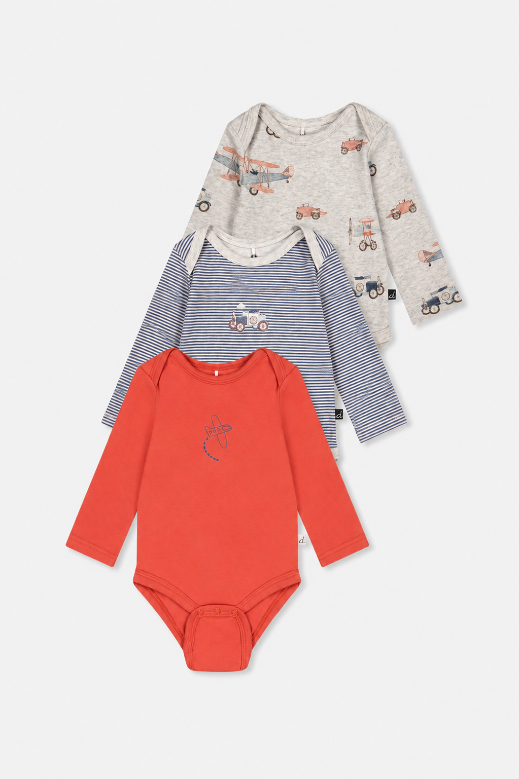 Deux par Boys Three Pack Organic Cotton Long Sleeve Printed Onesies
