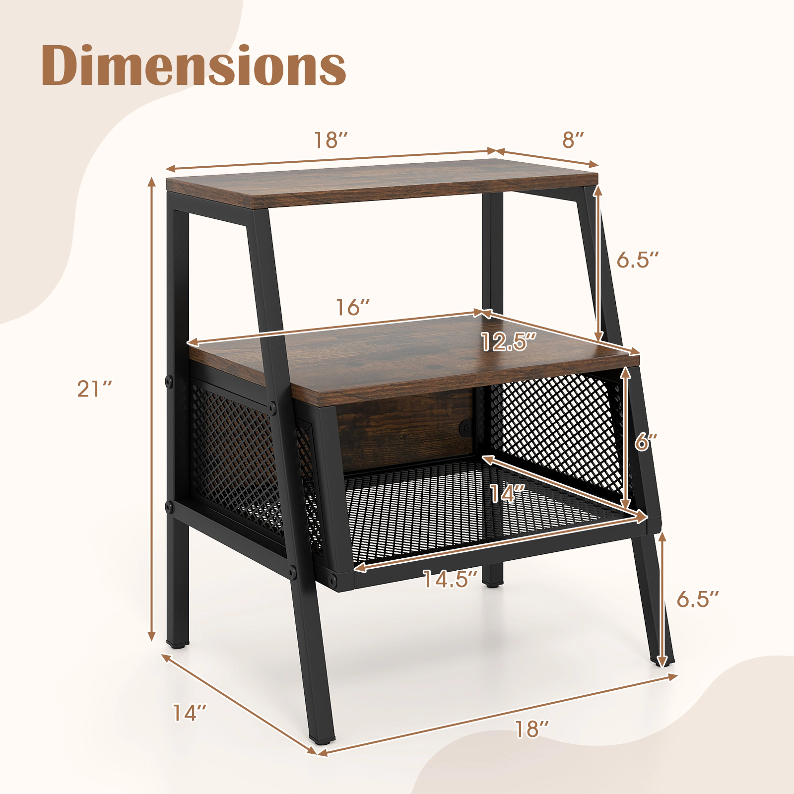 SUGIFT 3-Tier Industrial Nightstand End Table with 2 Open Shelves & Metal Mesh Compartment 22-lb Capacity Rustic Brown +