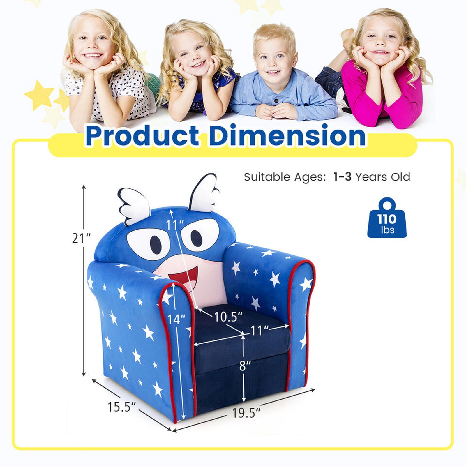 SUGIFT Blue Thick Cushion and Beechwood Frame for Ages 1-3 Kids Sofa Armchair