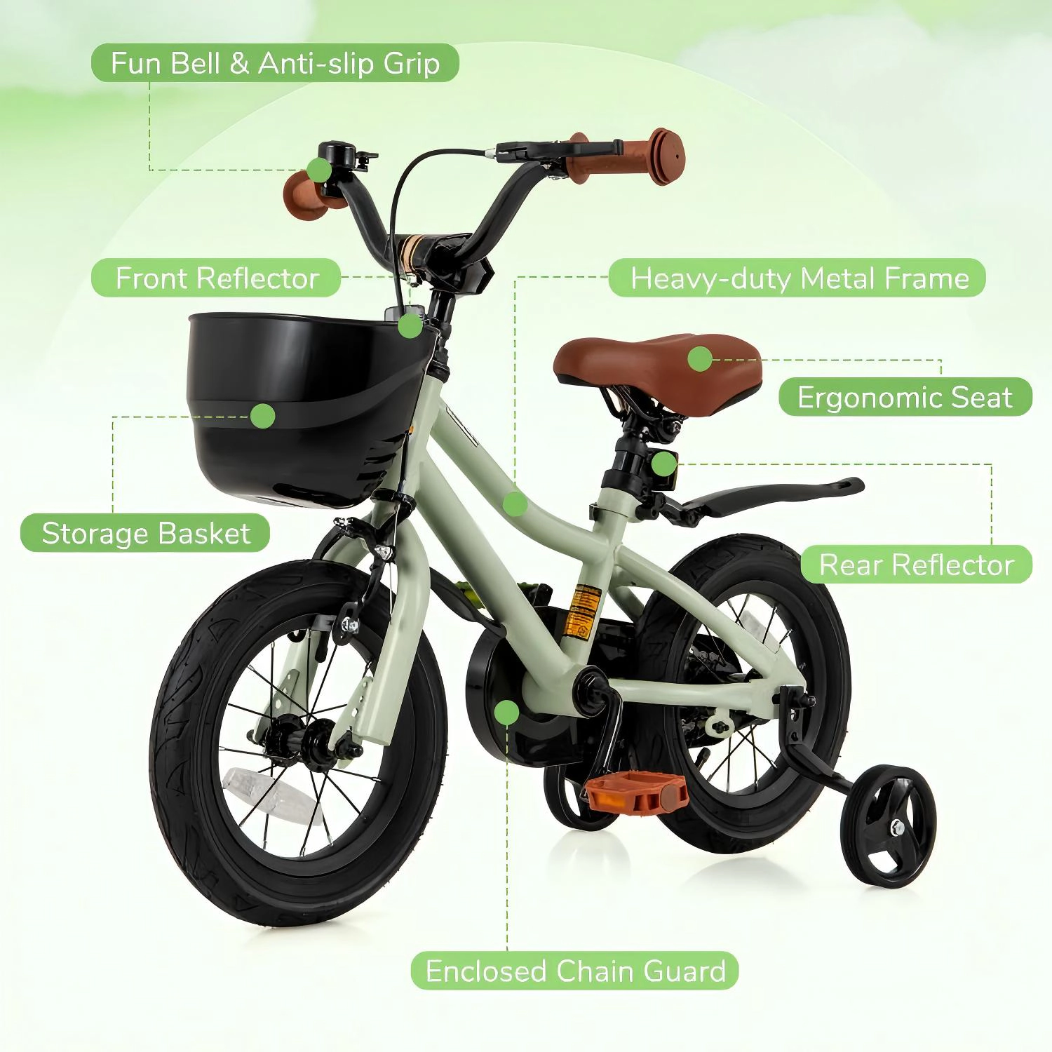 SUGIFT Adjustable 12-Inch Kids Bike with Dual Brakes Training Wheels 145-lb Capacity Ages 3-4 Years Green