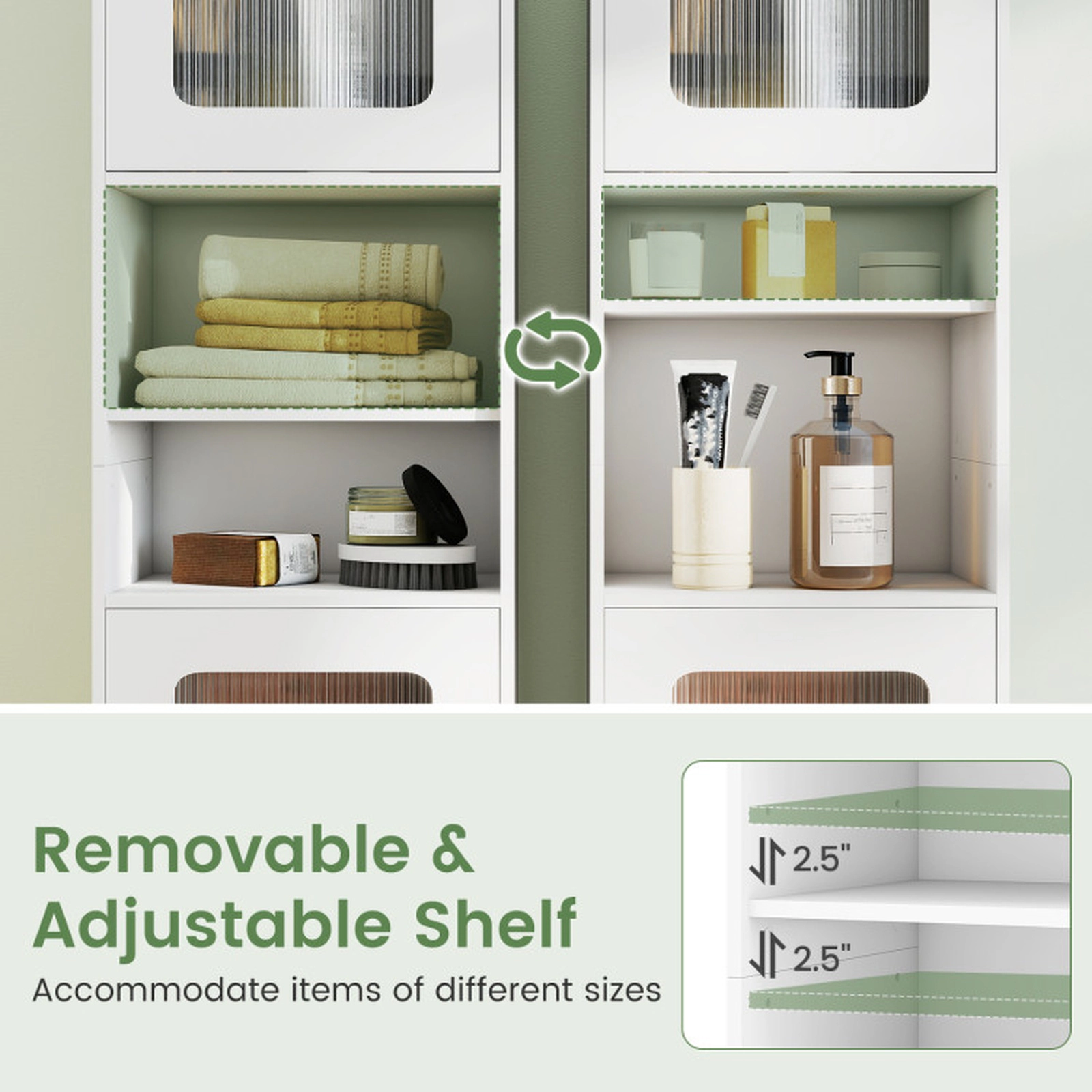 SUGIFT White 155-lb Capacity 67-in Tall Freestanding Bathroom Storage Cabinet with Fluted Doors and Open Shelves
