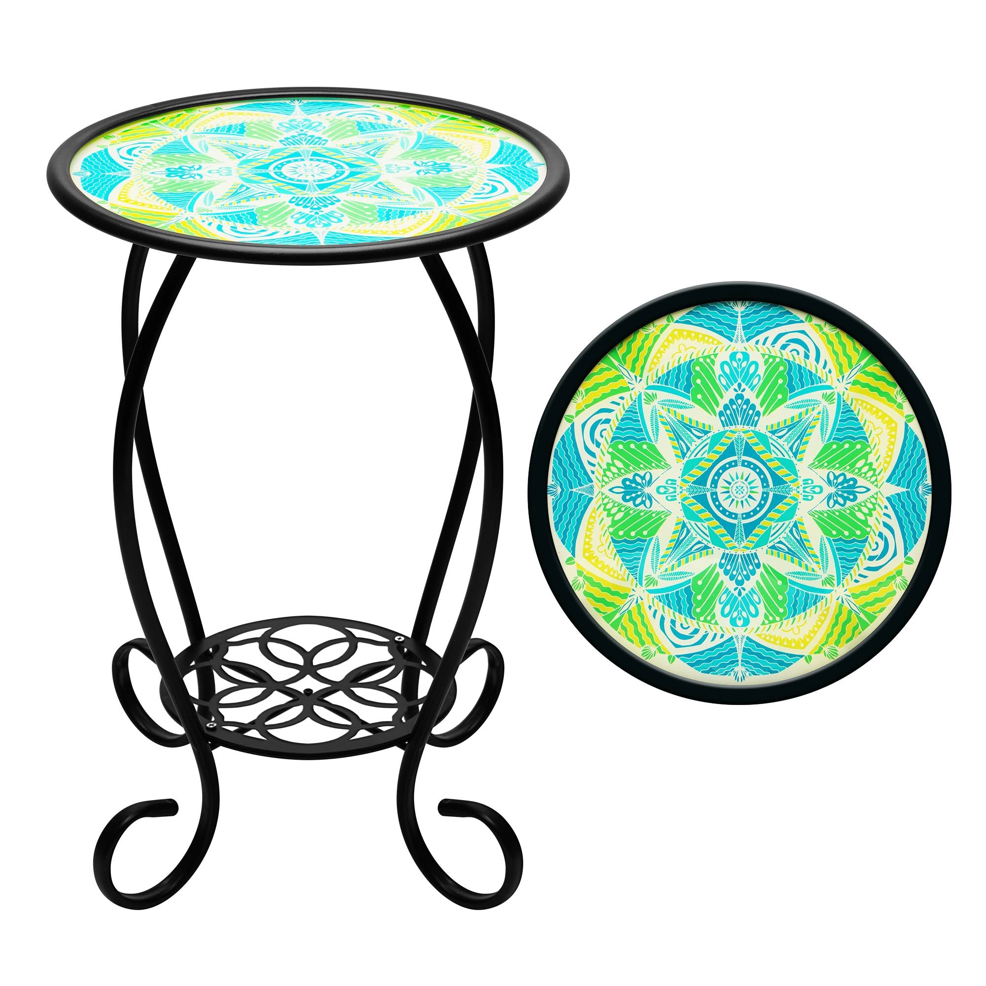 G128 14 in Round Glass Side Table Mandrake Pattern - Foldable Metal Outdoor Plant Stand