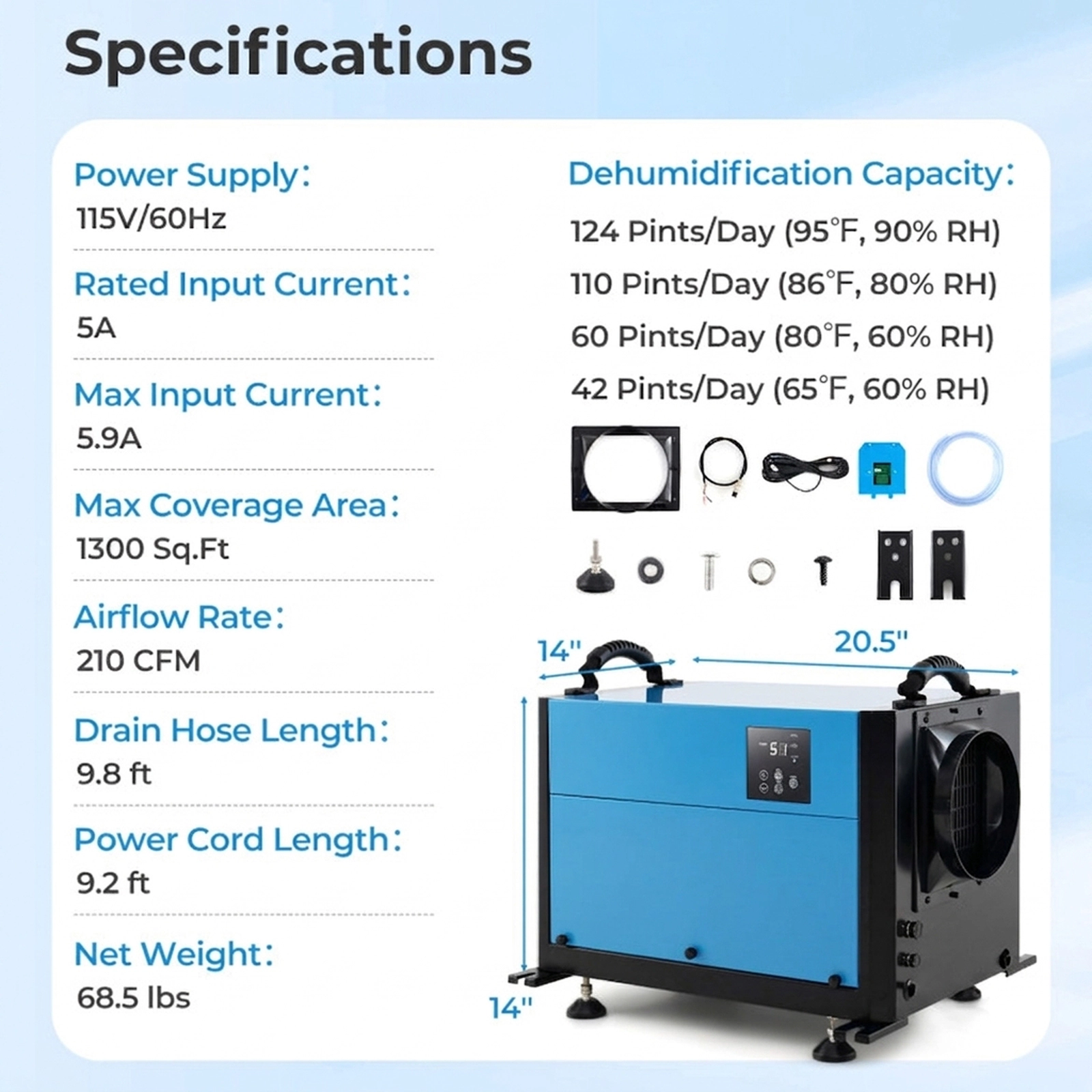 SUGIFT 124-Pint 1300-sq ft Crawl Space Dehumidifier with 3 Modes 24H Timer and 9.8-ft Drain Hose