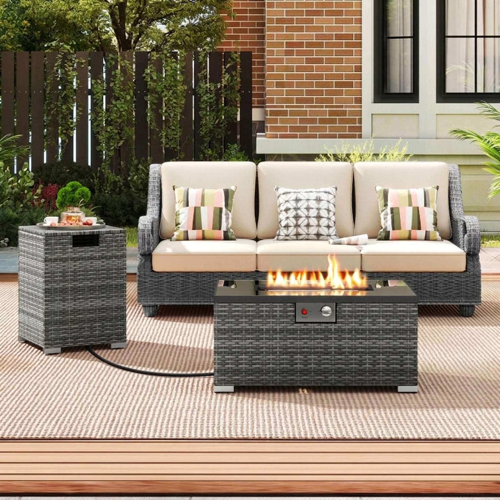 SUGIFT Gray Rattan Gas Fire Pit Table Set with Glass Top 32-in W 20-in D 16-in H 265-lb Tabletop Capacity