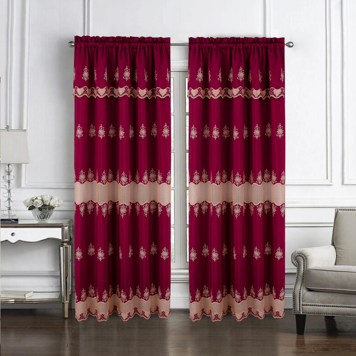 RT Designers Collection Donna Macrame Construction 3" Rod Pocket Curtain Panel 54" x 90" Burgundy/Gold