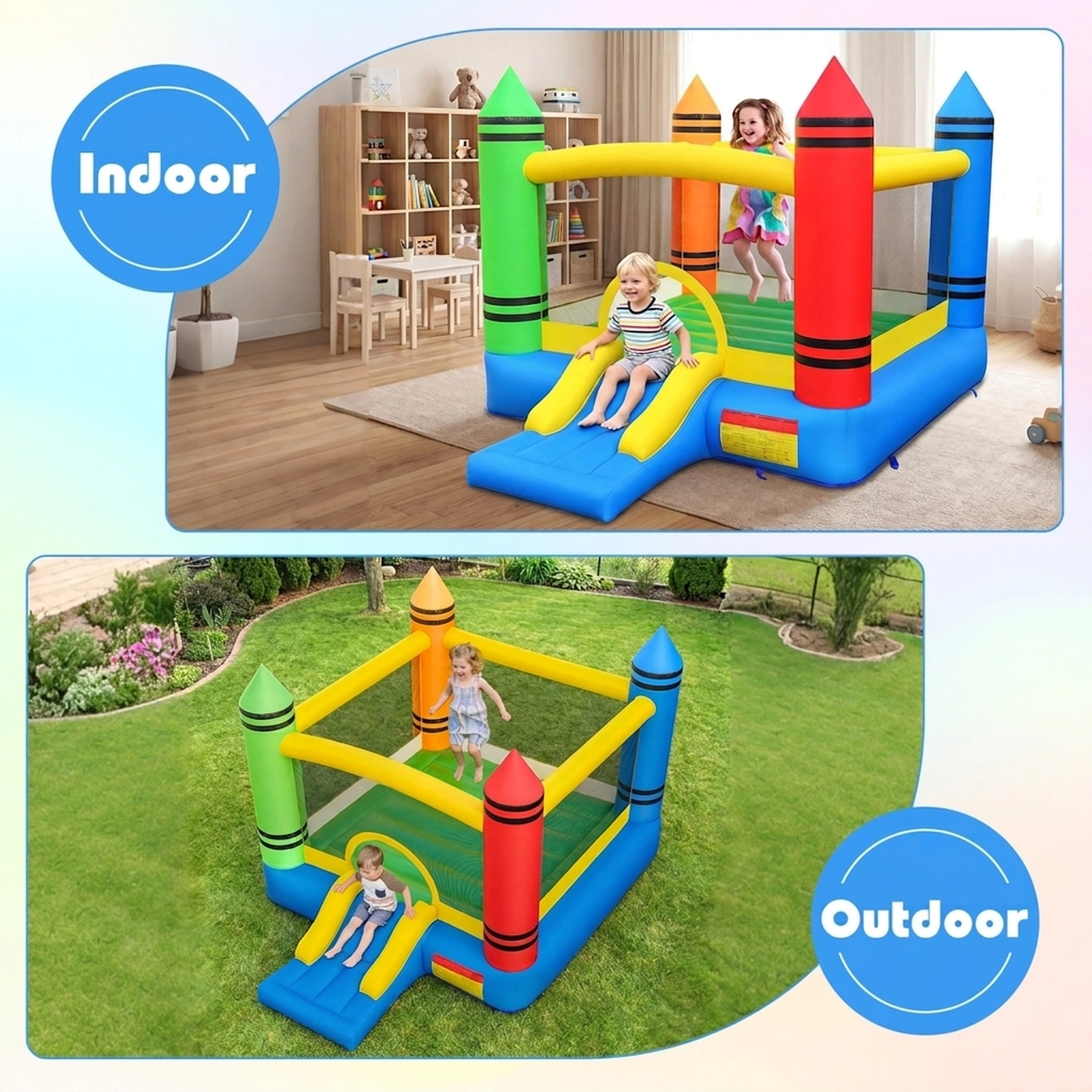 SUGIFT 550W Blower 2-in-1 Inflatable Bounce House Crayon Themed Kids Bouncer