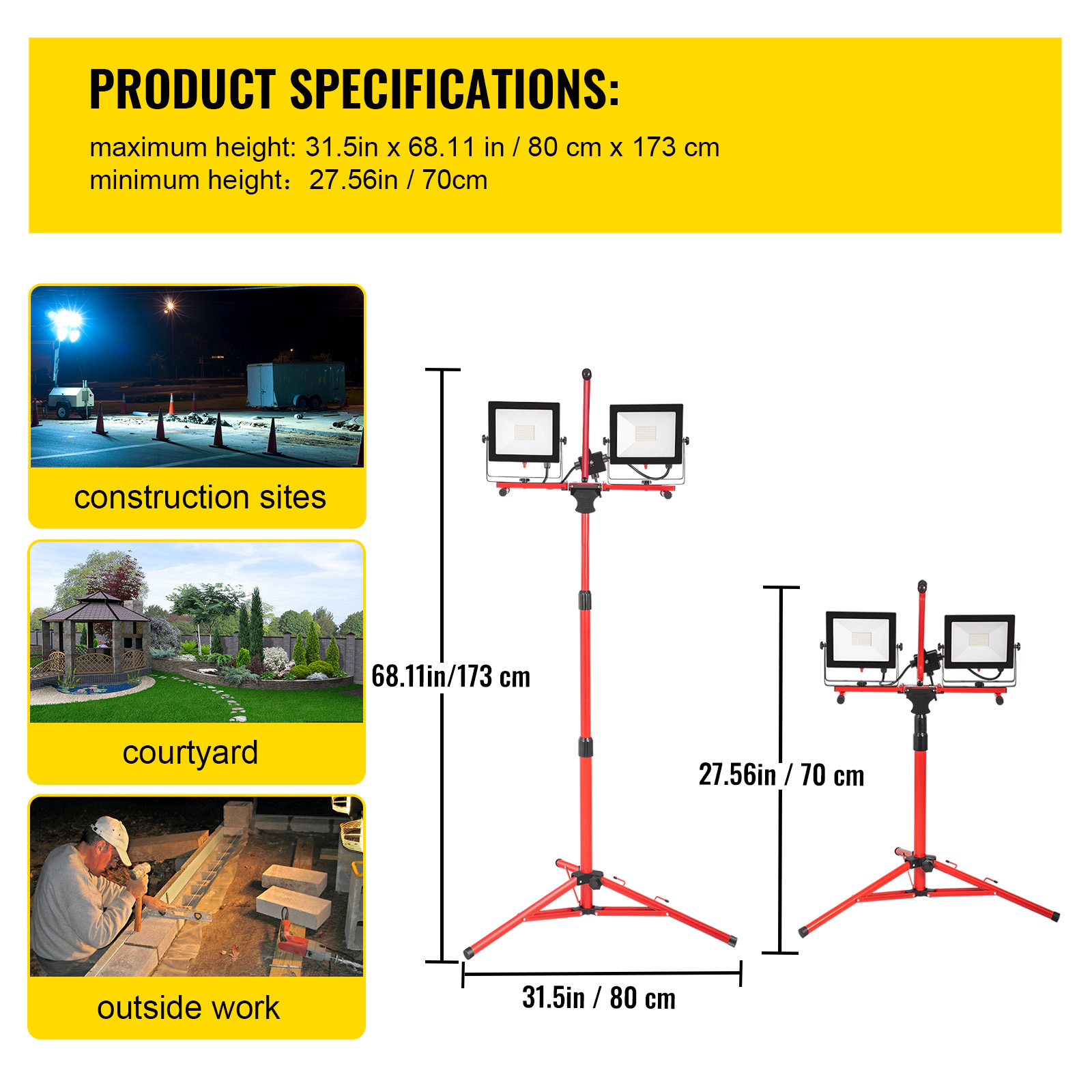 HONGGE LED Work Light with Stand, Dual-head LED Work Light with Adjustable and Foldable Tripod Stand