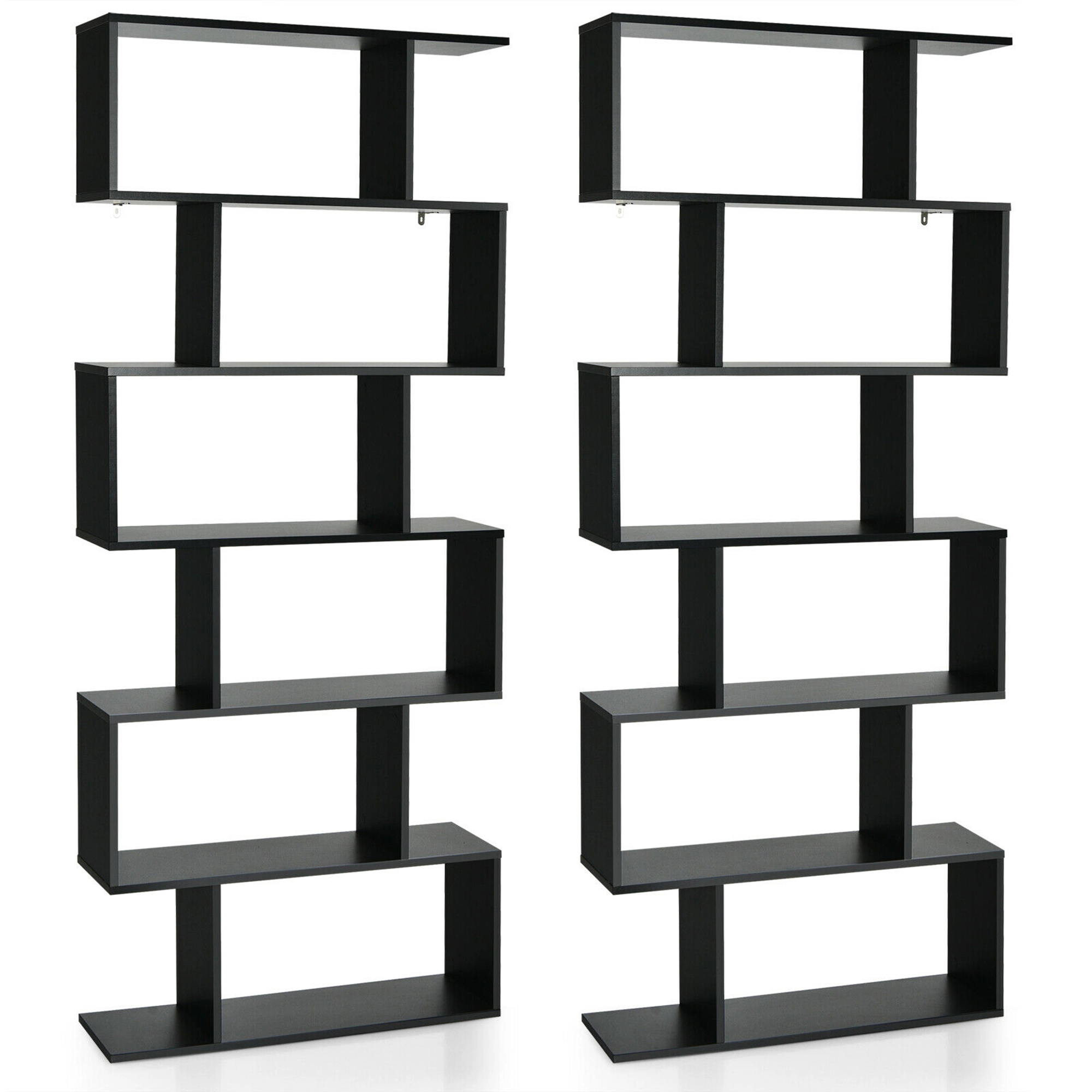 Costway 2 PCS 6 Tier S-Shaped Bookshelf Storage Display Bookcase Z-Shelf White