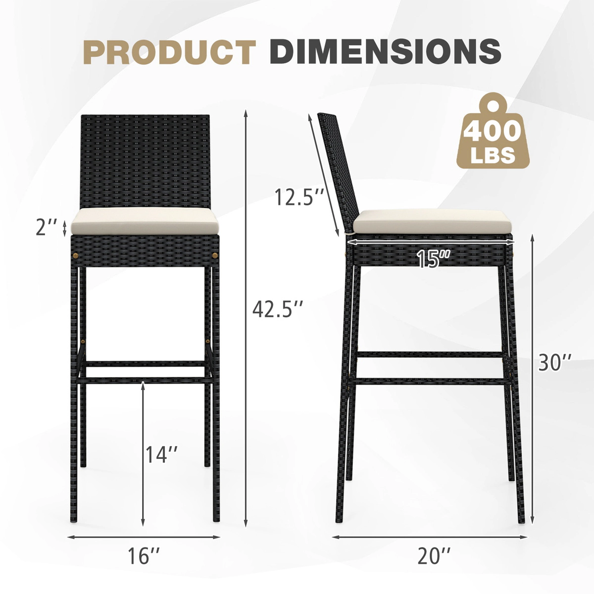 SUGIFT Set of 4 Black Outdoor Bar Stools, 30-Inch Seat, PE Rattan, Cushions