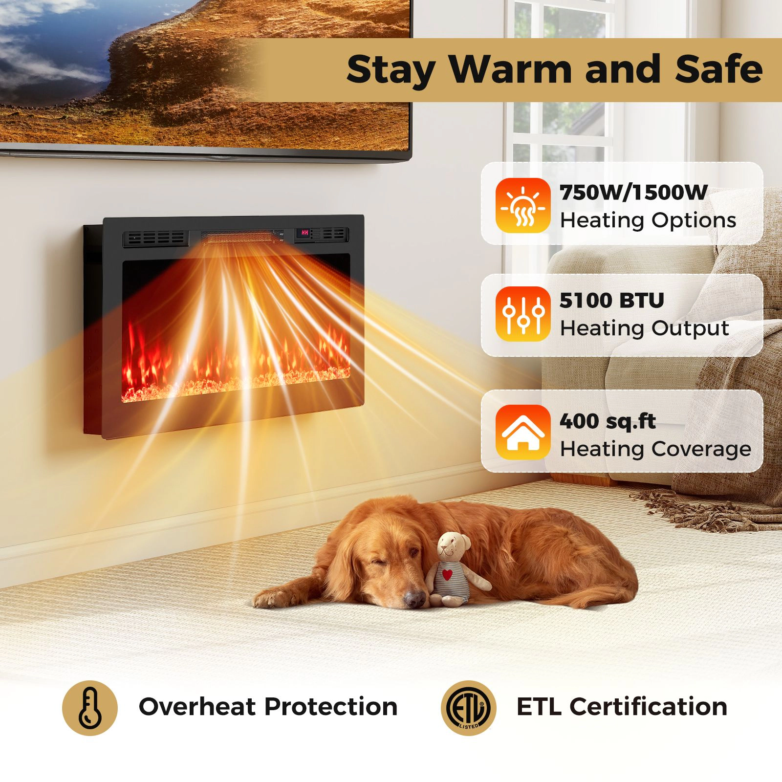 SlickBlue Smart Electric Fireplace Insert, Recessed Wall Mounted Heater