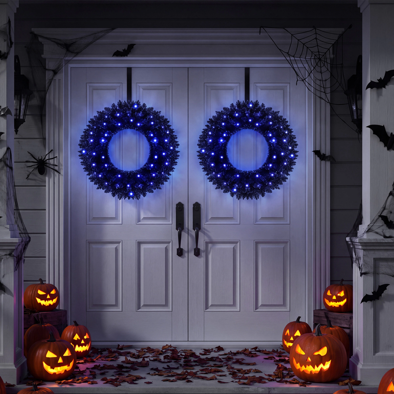 SUGIFT Set of 2 24-in Pre-Lit Halloween Christmas Wreaths with 35 Purple LED Lights and Timer 179 Branch Tips Black