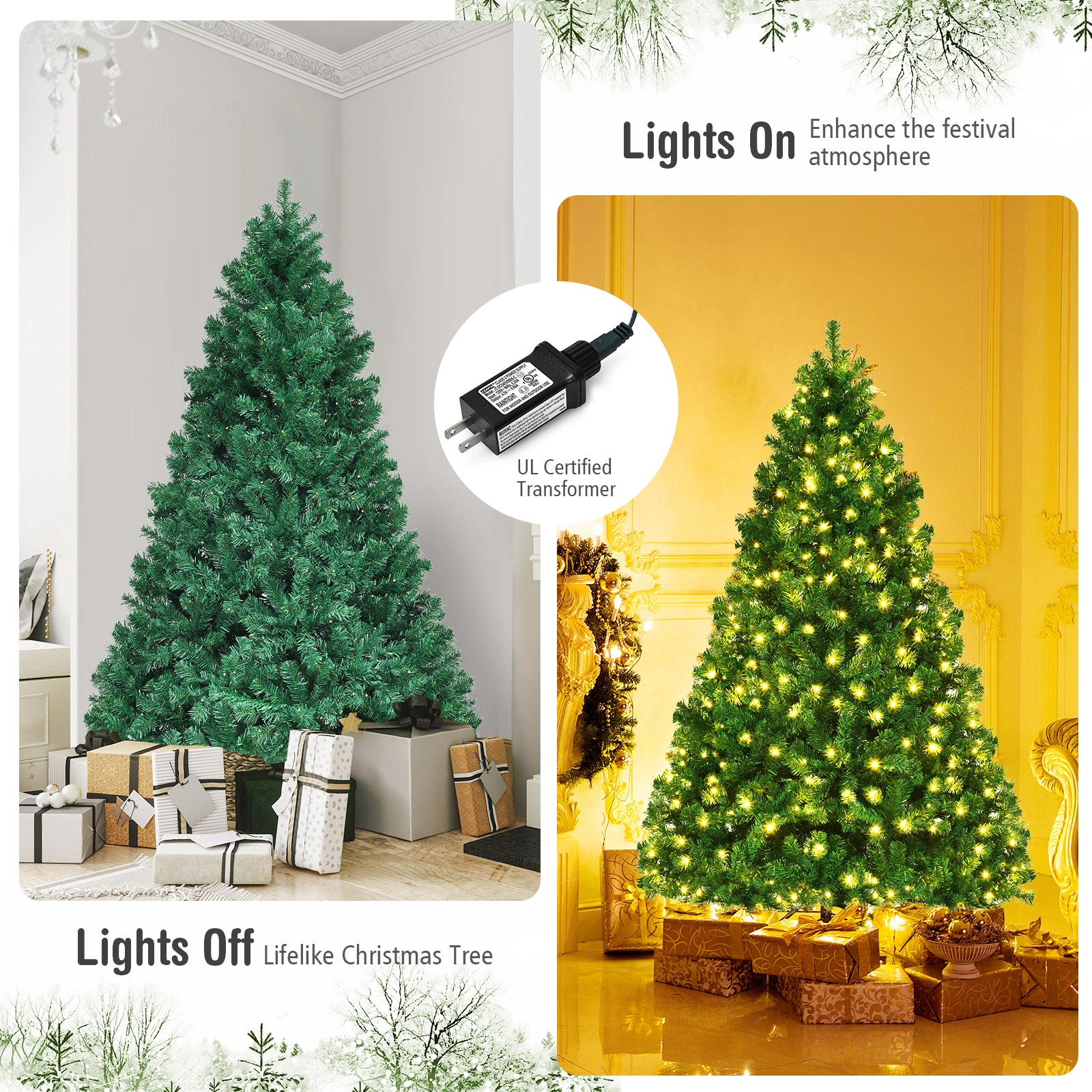 SUGIFT 7-ft Green Pre-Lit Artificial Christmas Tree with 300 Warm White LED Bulbs 1096 Tips and Iron Stand