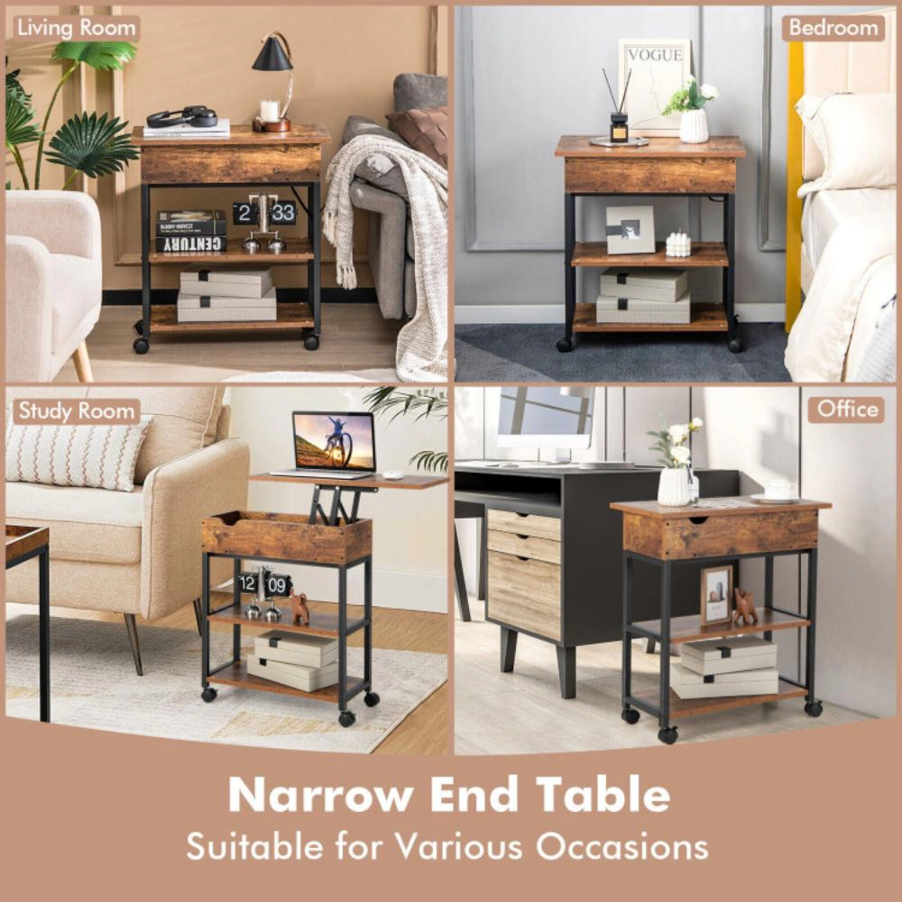 Hivvago Lift Top End Table With Charging Station And Universal Wheels-Rustic Brown