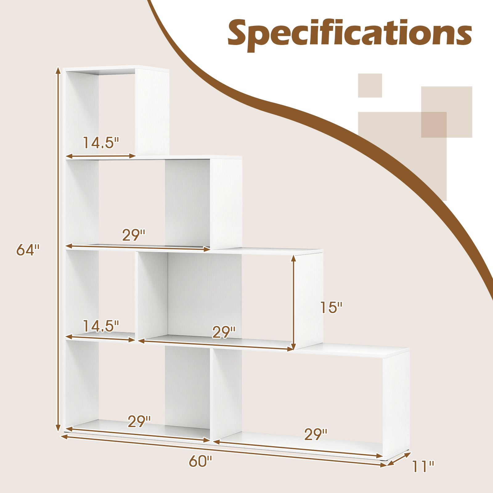 SUGIFT White 4-Tier Stair Bookcase with 6 Cubes and Stepped Display Design