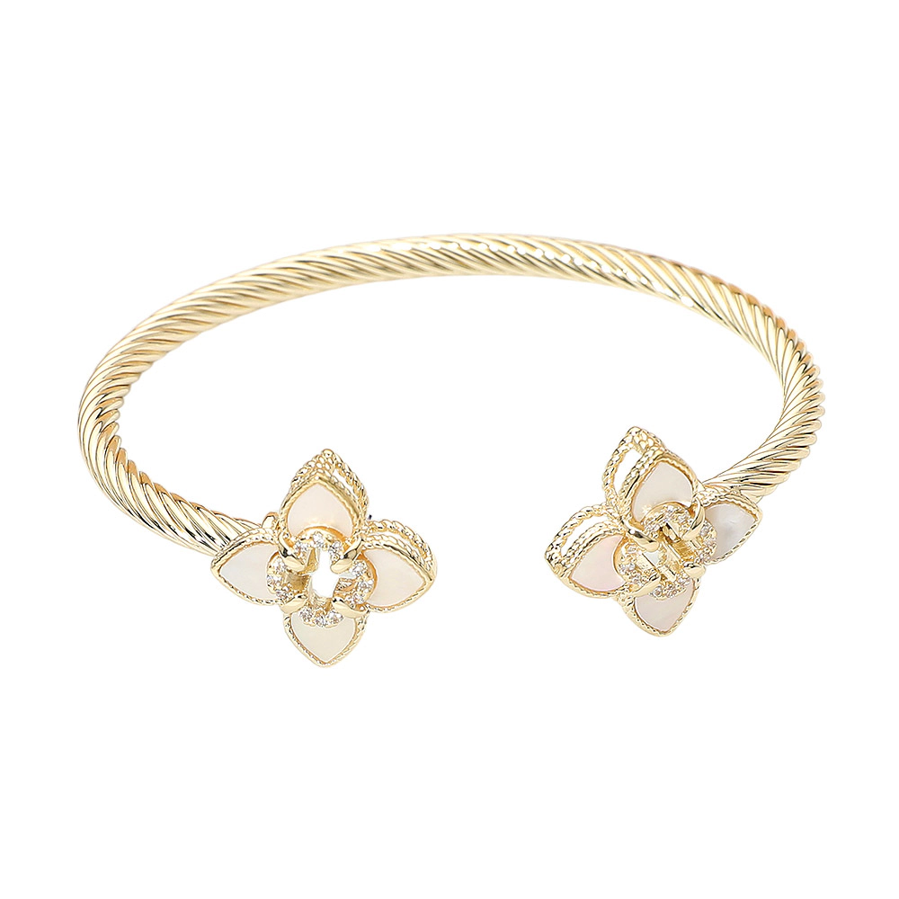 FASHNZFAB 14K Gold Plated Two Tone CZ Pave Open Quatrefoil Mother of Pearl Floral Charm Tip Twisted Cuff Bracelet