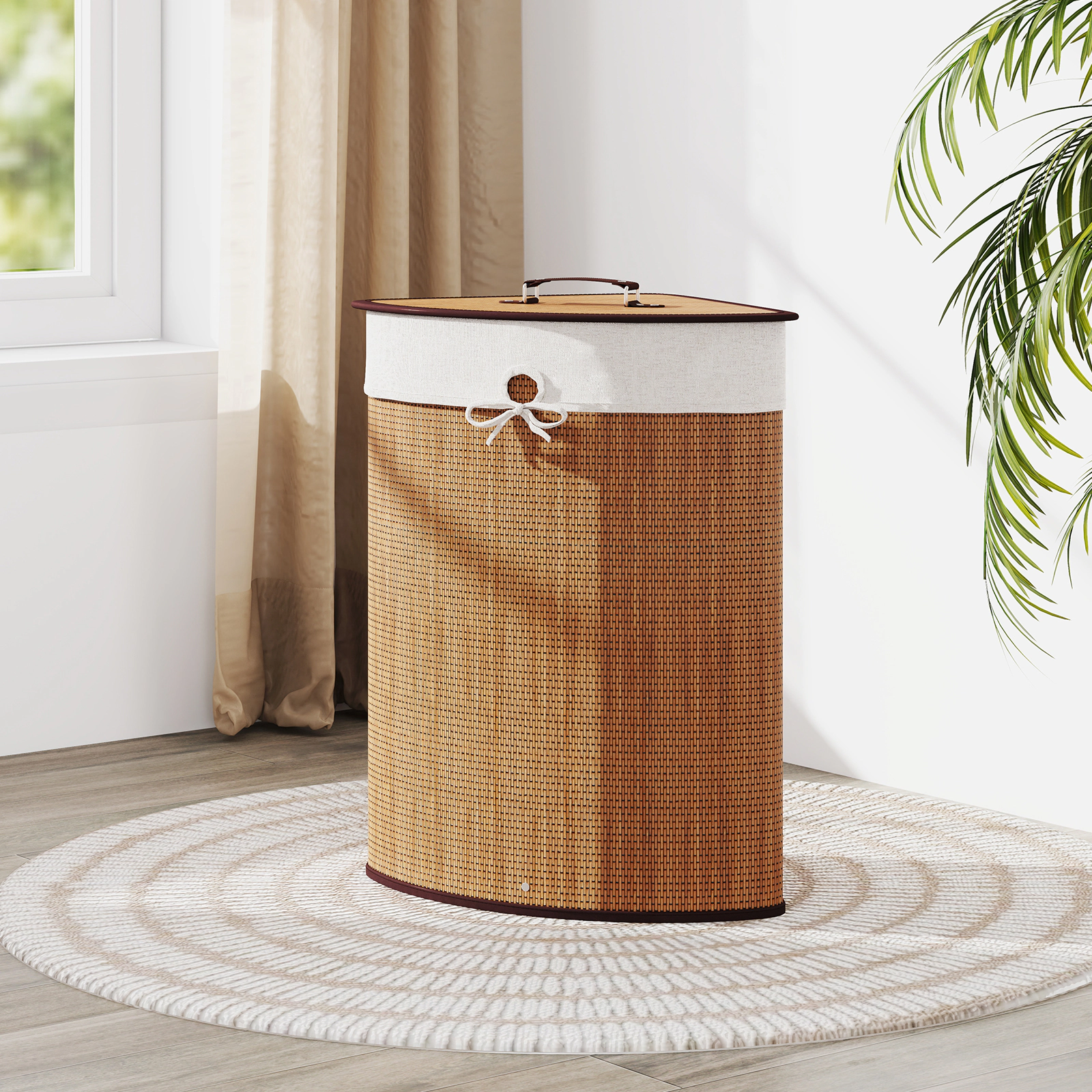 SUGIFT Folding Laundry Hamper Basket with Lid and Removable Liner Bag 58-L Capacity Black/Brown/Natural