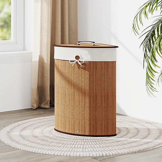 SUGIFT Folding Laundry Hamper Basket with Lid and Removable Liner Bag 58-L Capacity Black/Brown/Natural