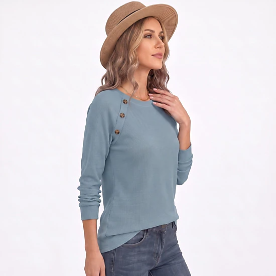 Anna-Kaci Women's Waffle Knit Button Shoulder Raglan Long Sleeve Top