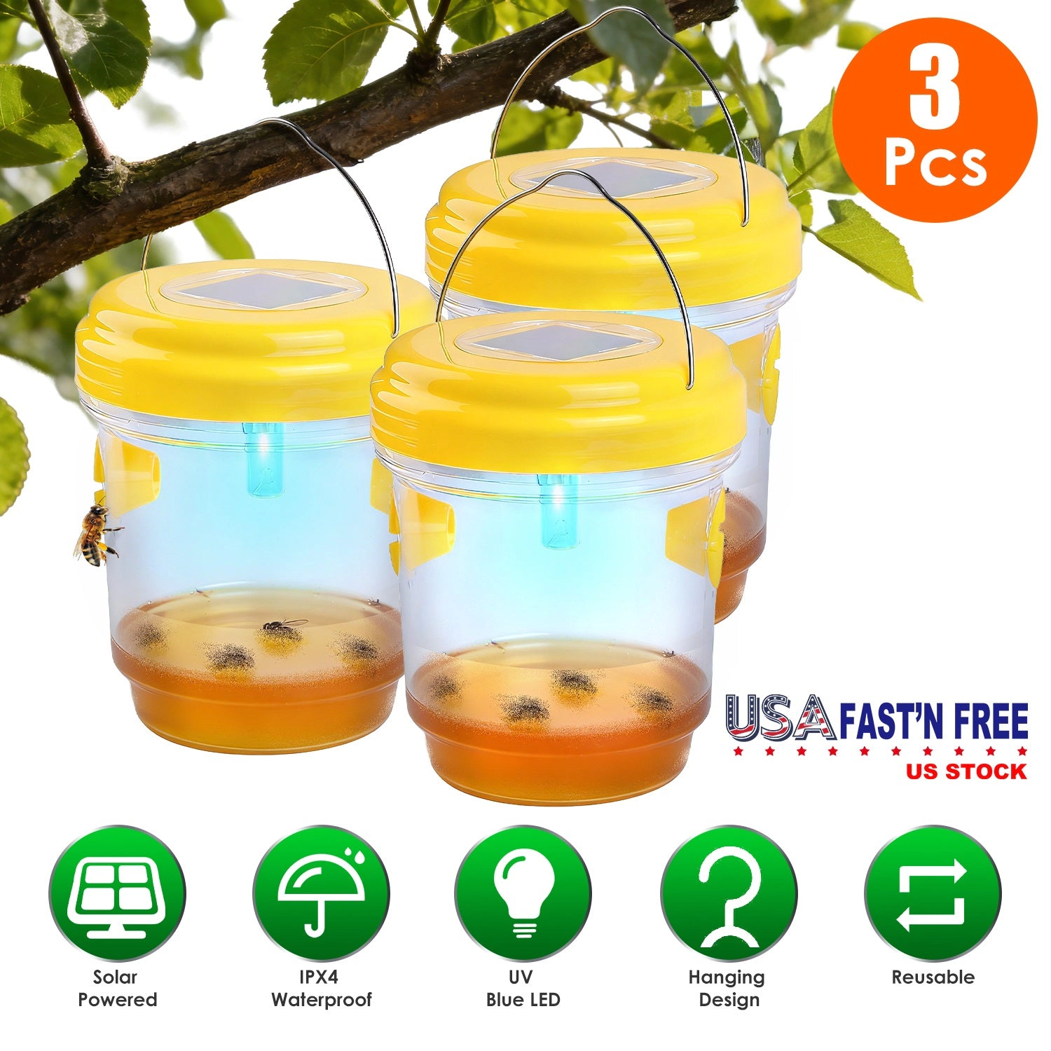 GBruno 3-Pc Solar Wasp Traps With UV Light