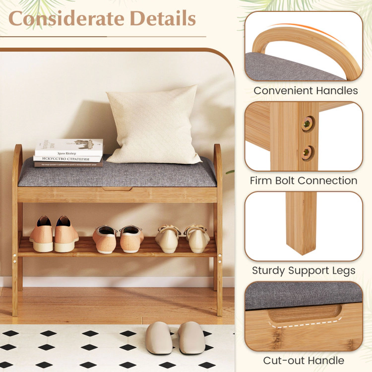 Hivvago 2-Tier Bamboo Shoe Bench with Storage and Padded Cushion
