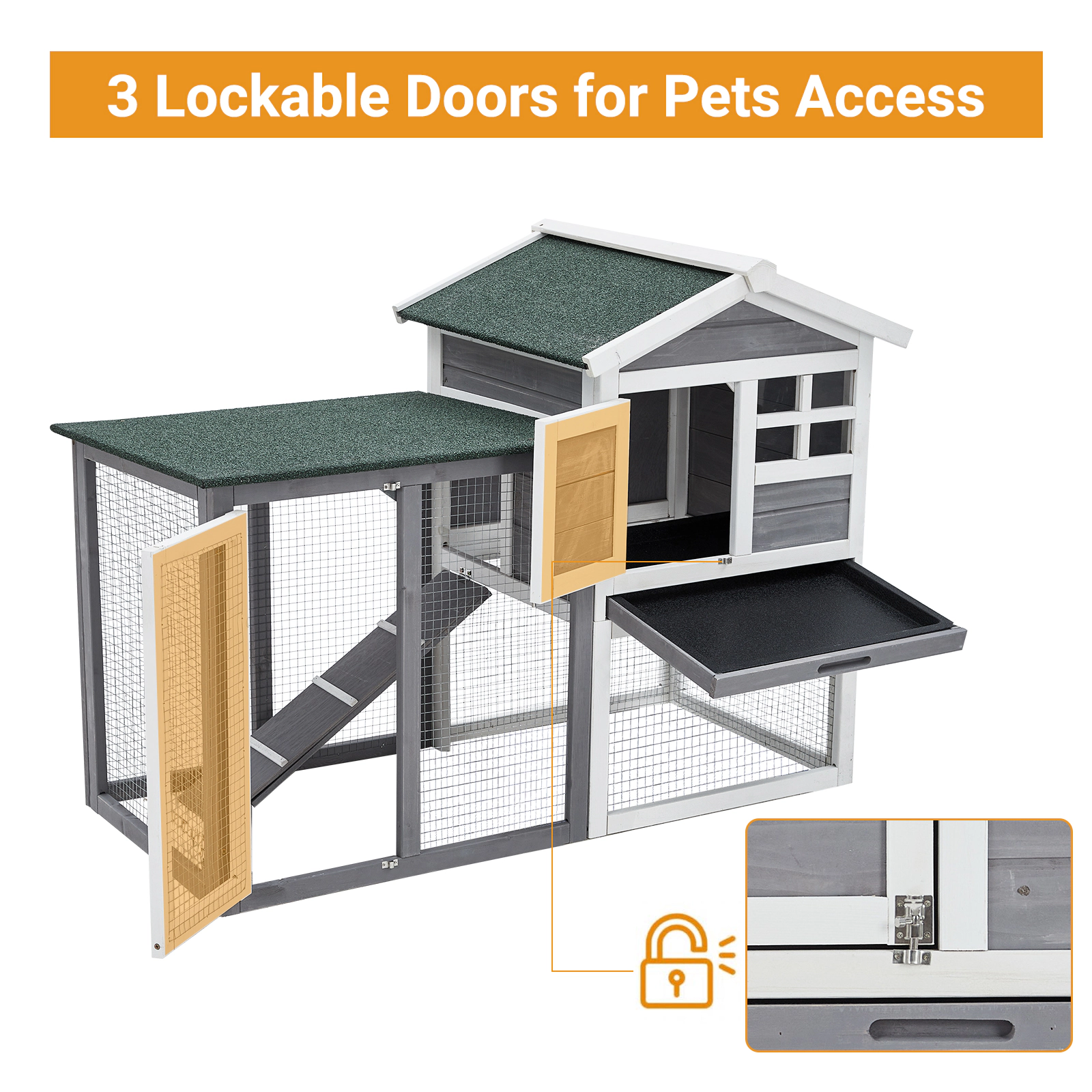 48" 2-Story Wooden Rabbit Hutch with Ramp, Weatherproof Roof, Pull-Out Trays for 2 Rabbits, Guinea Pigs & Small Pets