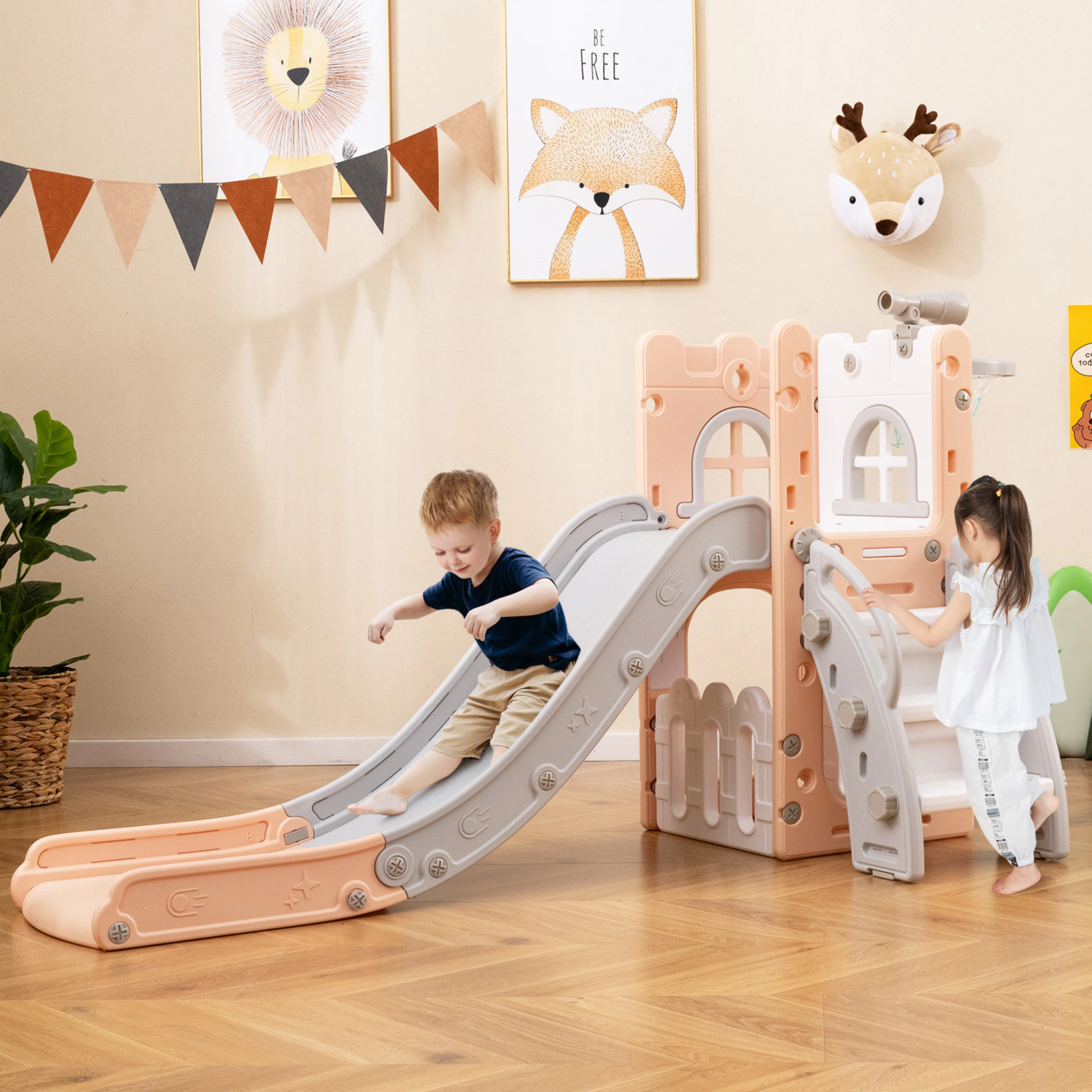 6-in-1 Kids Slide for Toddlers 1-3 L-Shaped Indoor Playground Climber 51-in Slide Basketball Hoop Ladder Pink