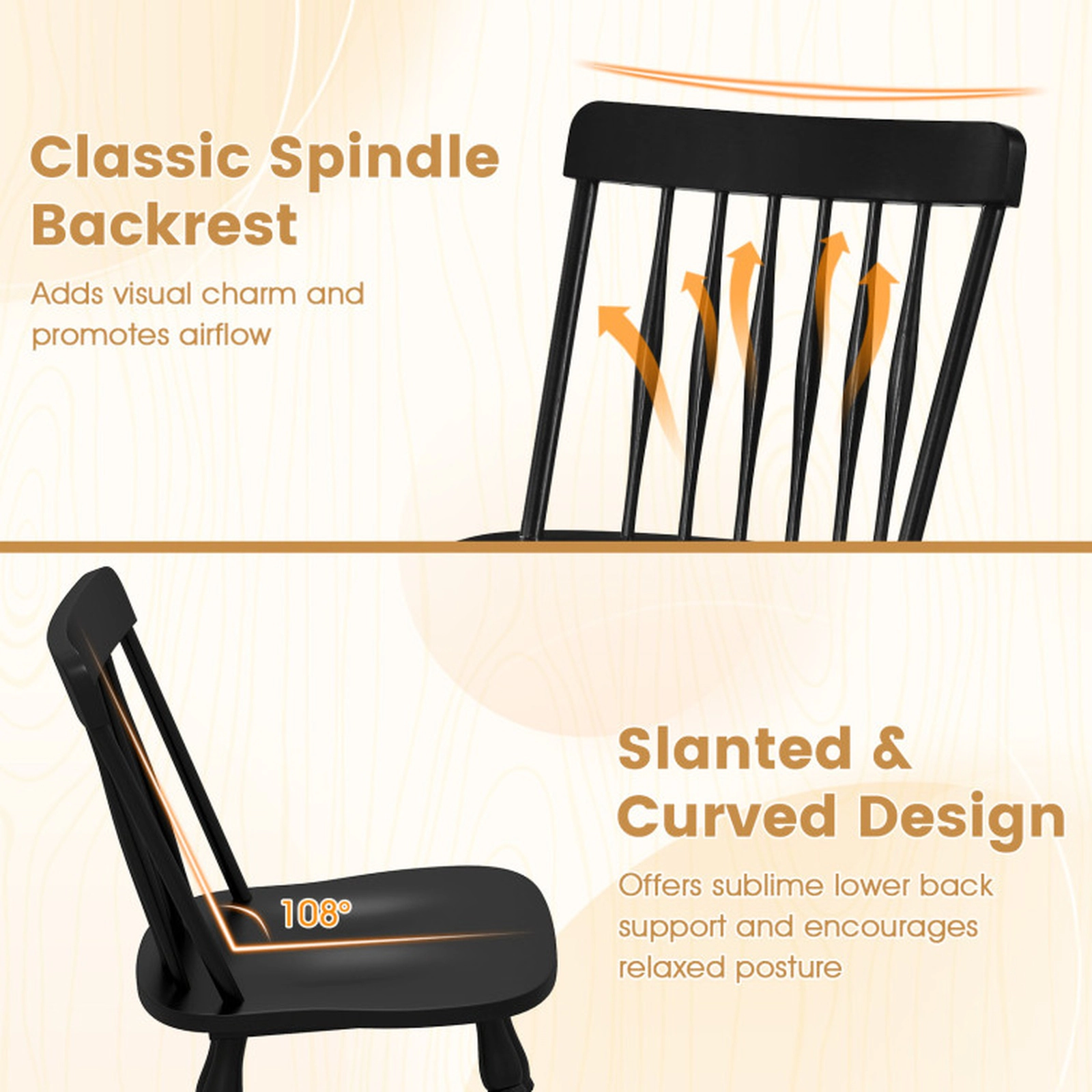 SUGIFT Rubber Wood Windsor Dining Chairs Set of 4 with Curved Spindle Back 330-lb Capacity Black/Natural