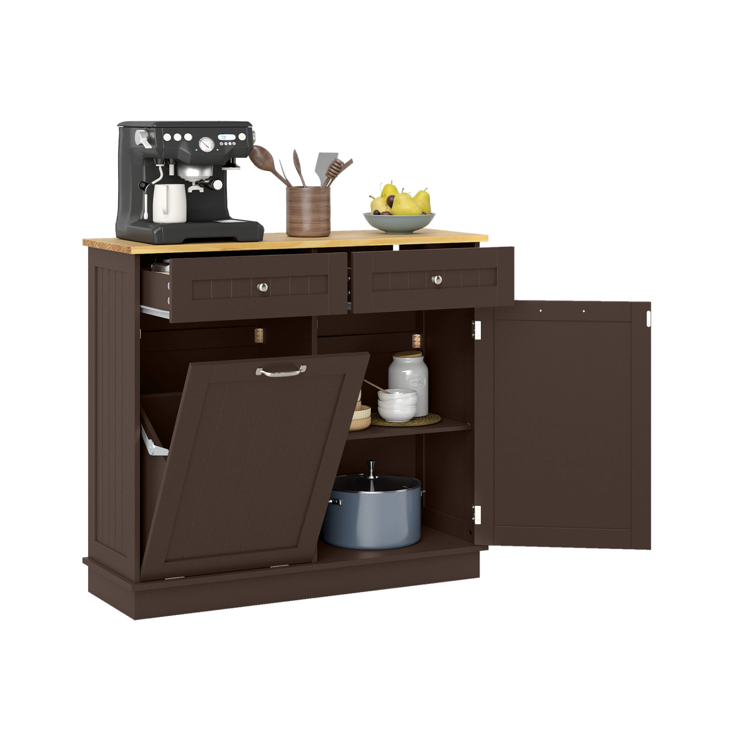 Glintex 39.5-Inch Tilt-Out Trash Cabinet with Pine Wood Countertop, Brown