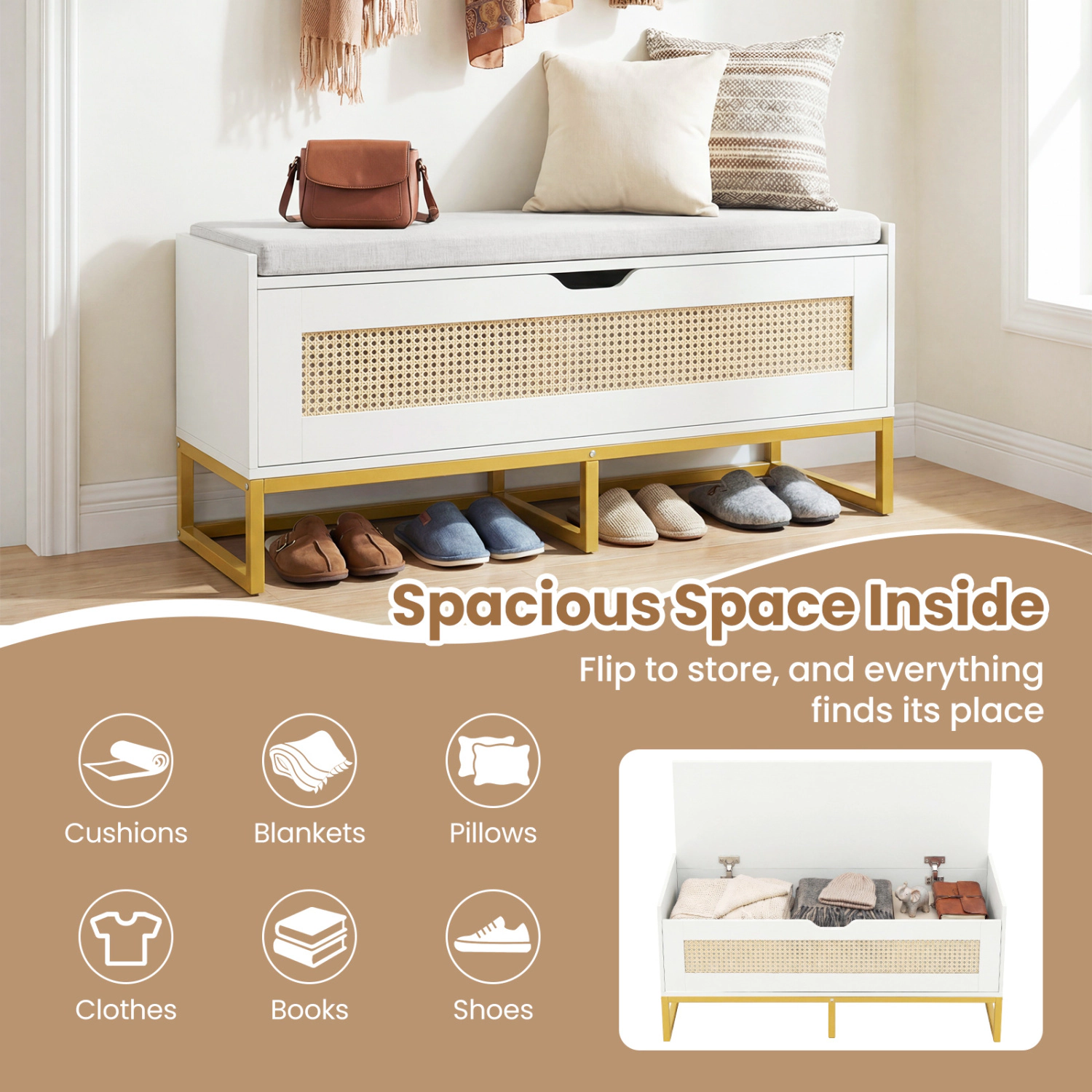 Glintex Rattan Flip-Top Storage Bench with 19-Gallon Capacity and Safety Hinges
